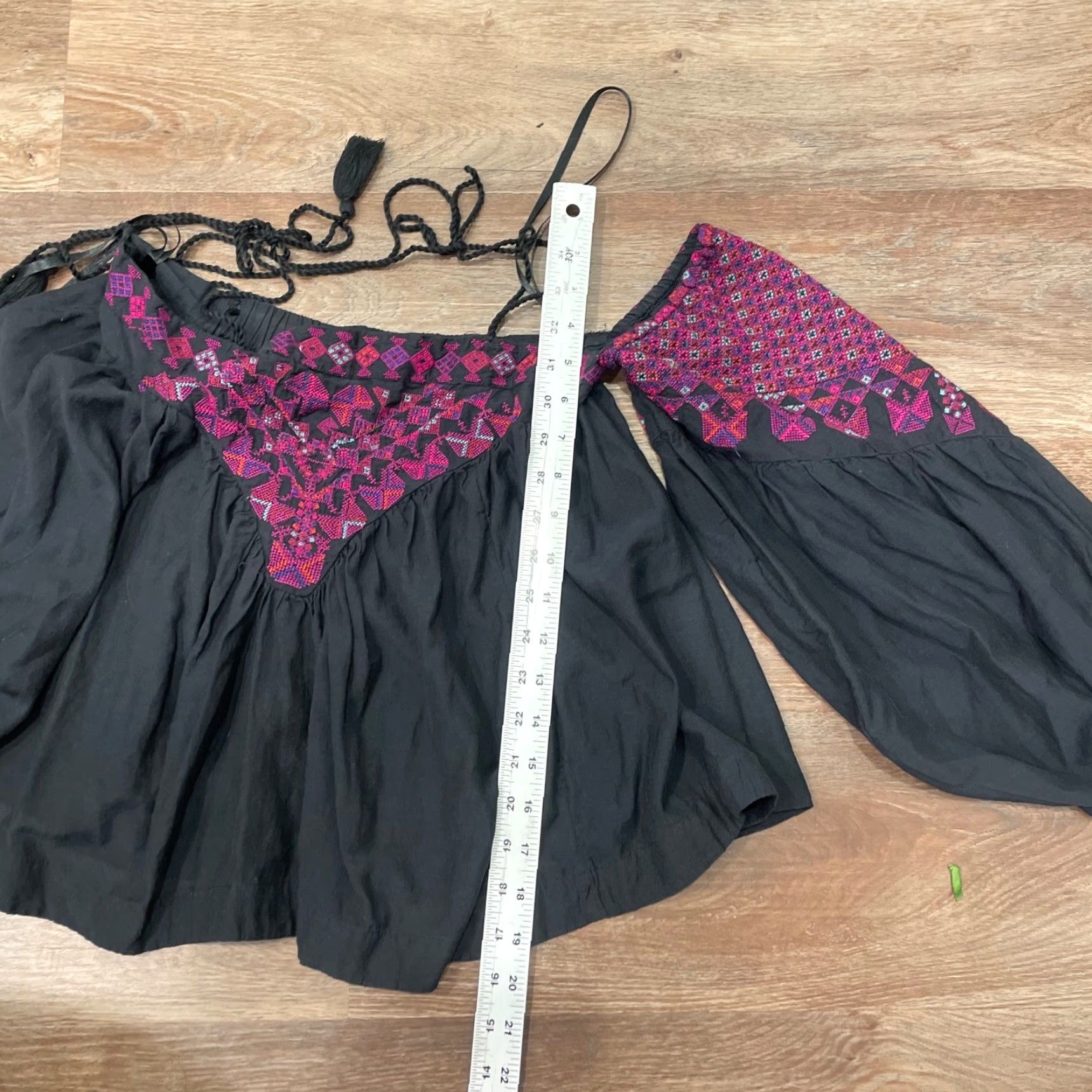 Free People Free People Black Embroidered Off Shoulder Boho Blouse XS Long Sleeve Tassel Shirt Women XS Black Embroidered Tassel Bohemian Blouse Size XS / US 0-2 / IT 36-38 - 4 Thumbnail
