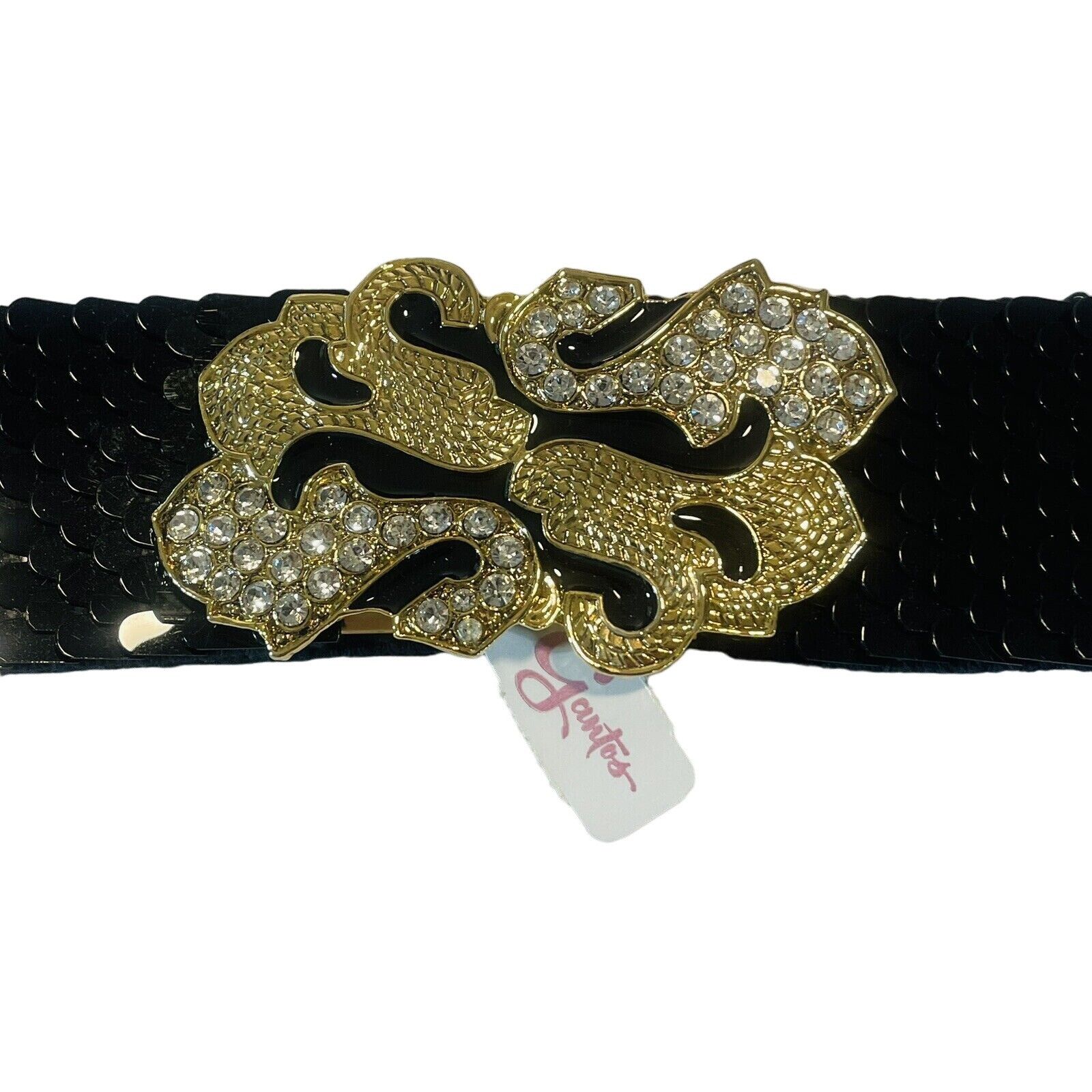 Vintage Vintage Gantos S Black Sequence Belt W Gold Bling Buckle Str Size ONE SIZE - 3 Thumbnail