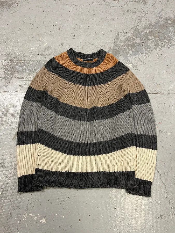 Designer × Dolce & Gabbana × Vintage 2000s Dolce & Gabbana Orange Grey Beige Lines Wool Sweater Size US M / EU 48-50 / 2 - 1 Thumbnail