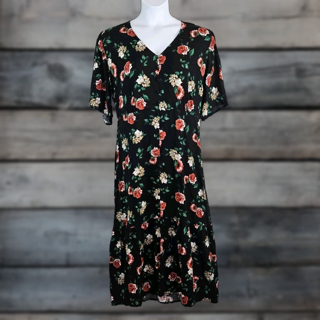 Avenue Avenue Dress Womens Midi Floral V-Neck Black Green Plus 18/20 Size XXL / US 16-18 / IT 52-54 - 1 Thumbnail