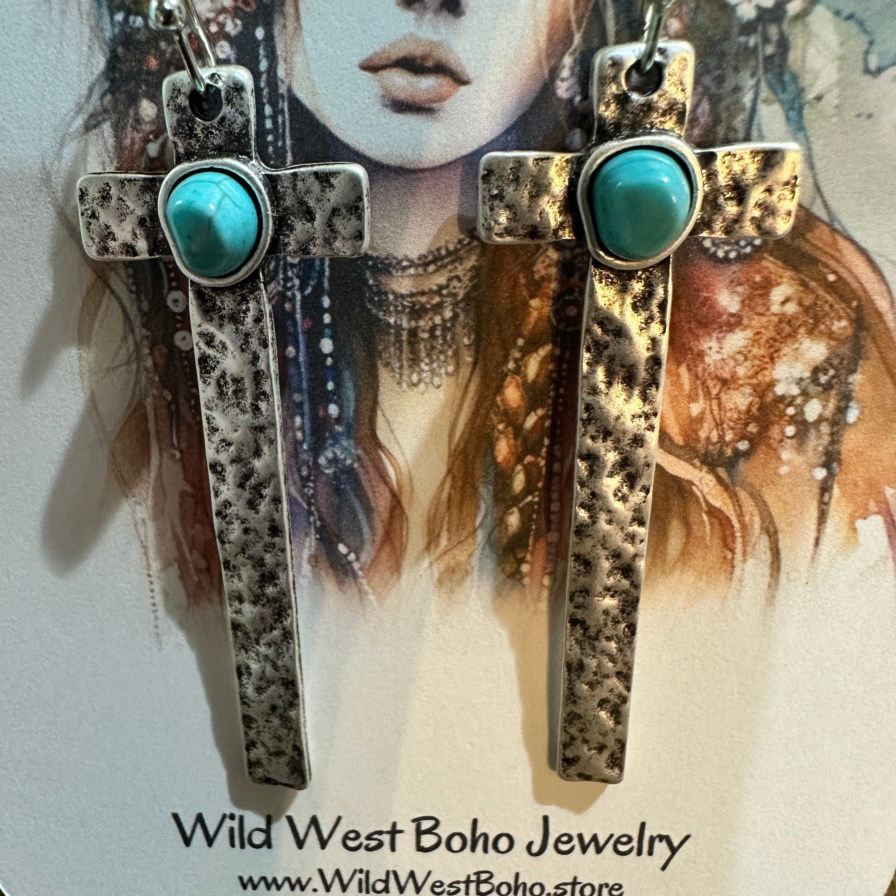 Other Cross Turquoise Earrings with Hammered Design, Southwestern Size ONE SIZE - 9 Thumbnail
