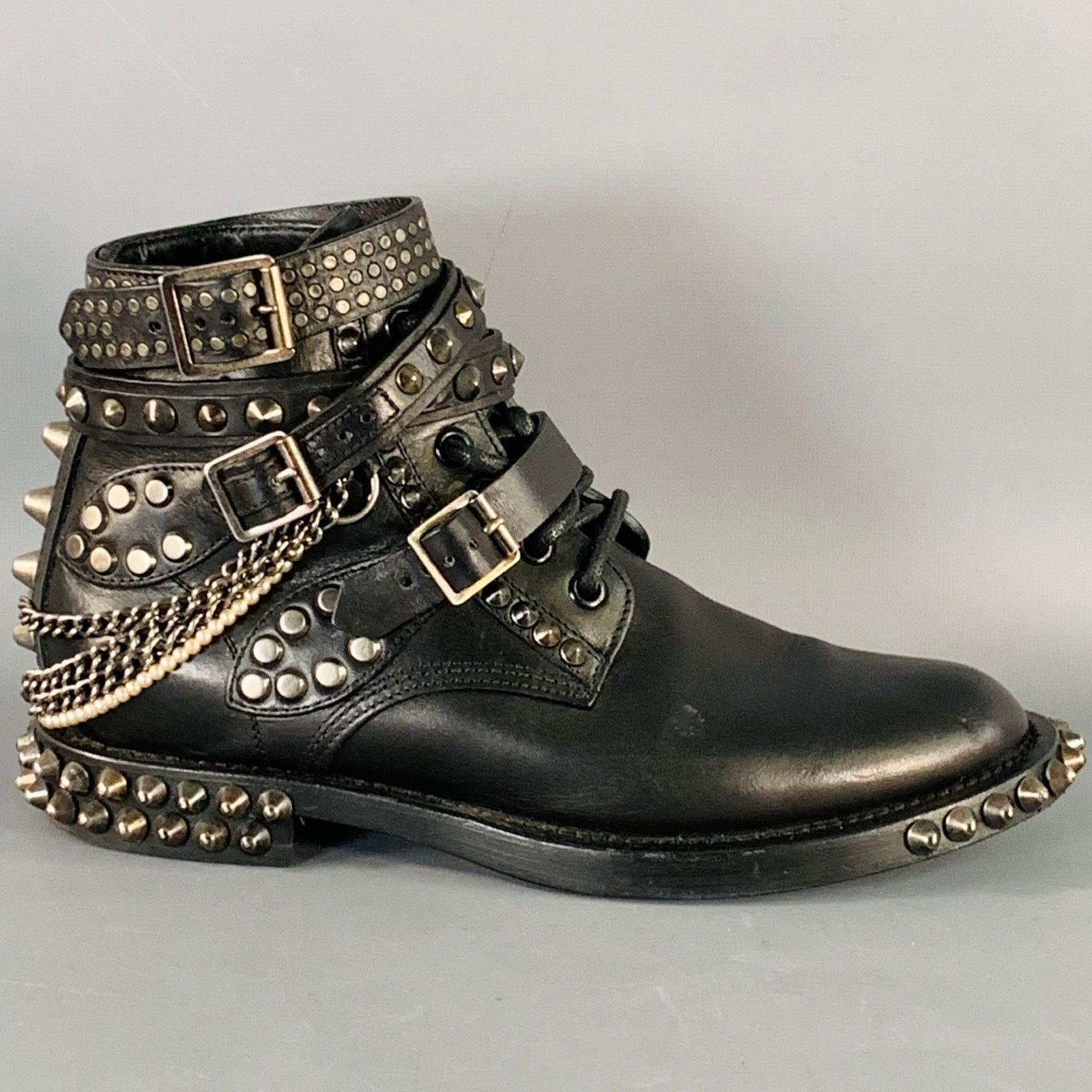 Saint Laurent Paris SAINT LAURENT Black Studded Leather Lace-Up Belted Boots Size US 6.5 / IT 36.5 - 2 Thumbnail