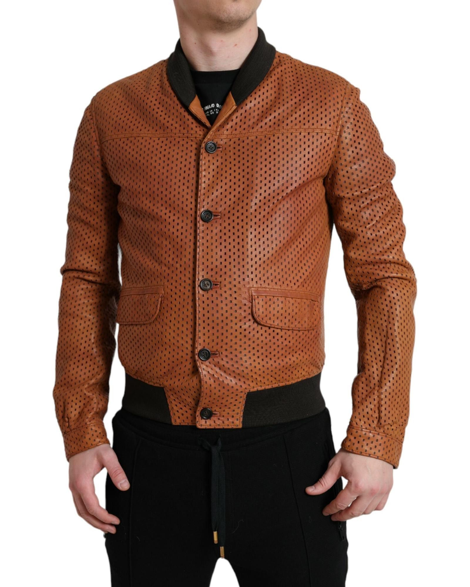 image of Dolce Gabbana Perforated Lambskin Leather Jacket in Brown, Men's (Size Small)