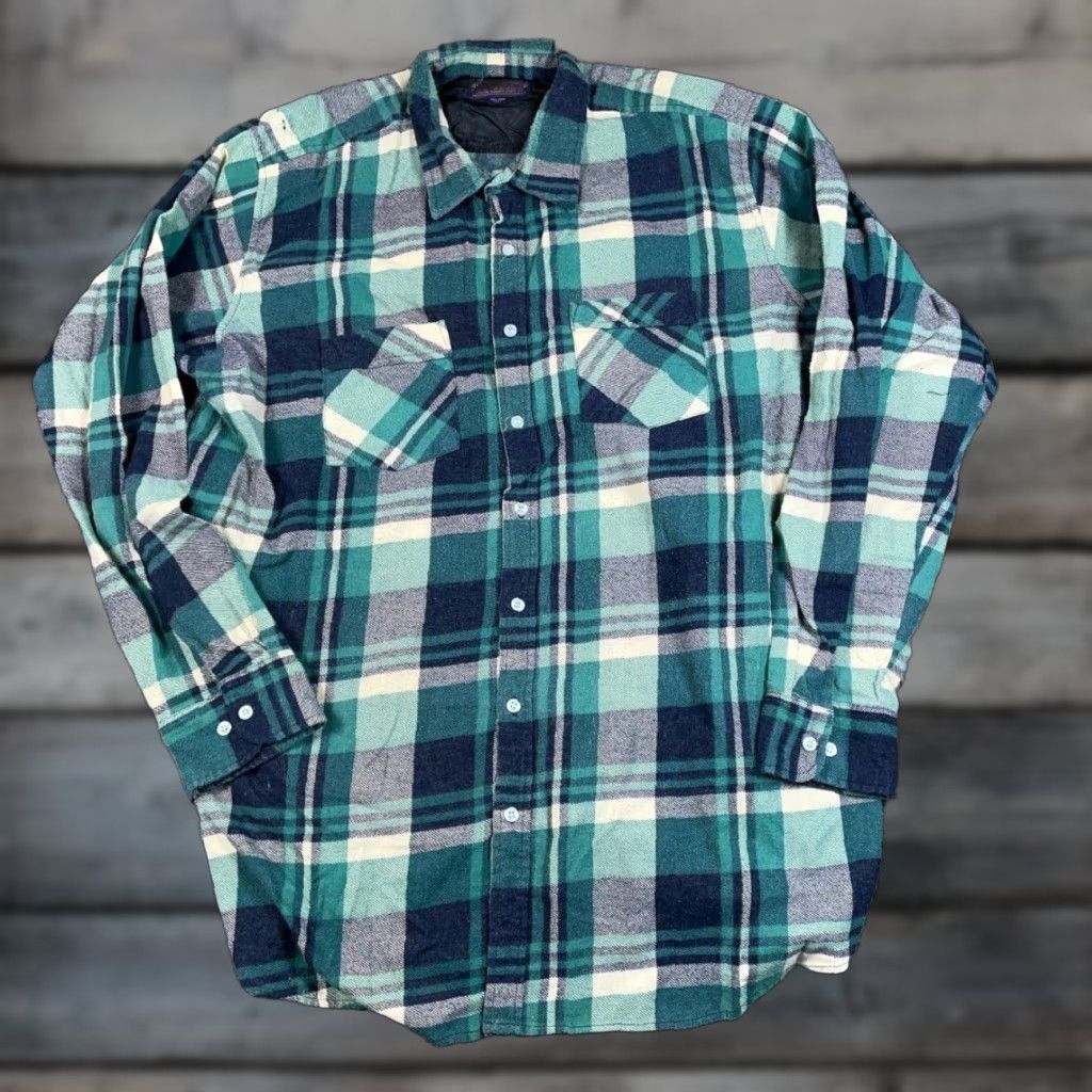Vintage VTG Woodland Lightweight Flannel Shirt Adult 2XL Tall Green Beige Plaid Workwear Shirt Size US XXL / EU 58 / 5 - 1 Thumbnail
