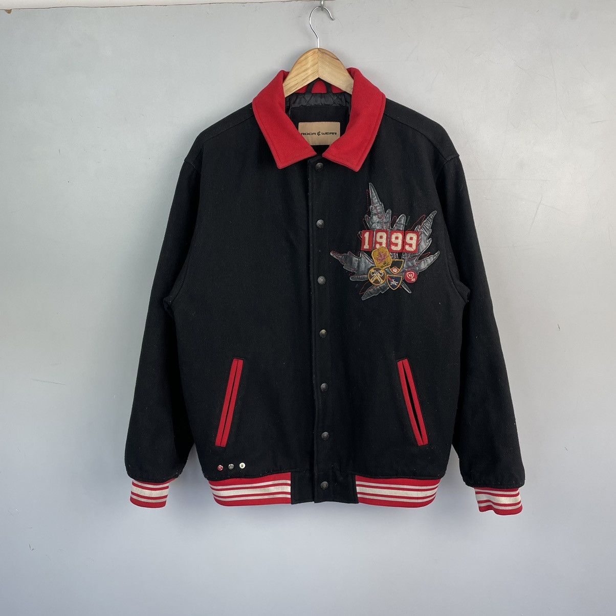 image of Wool Bomber Rocawear College Jacket in Black, Men's (Size XL)
