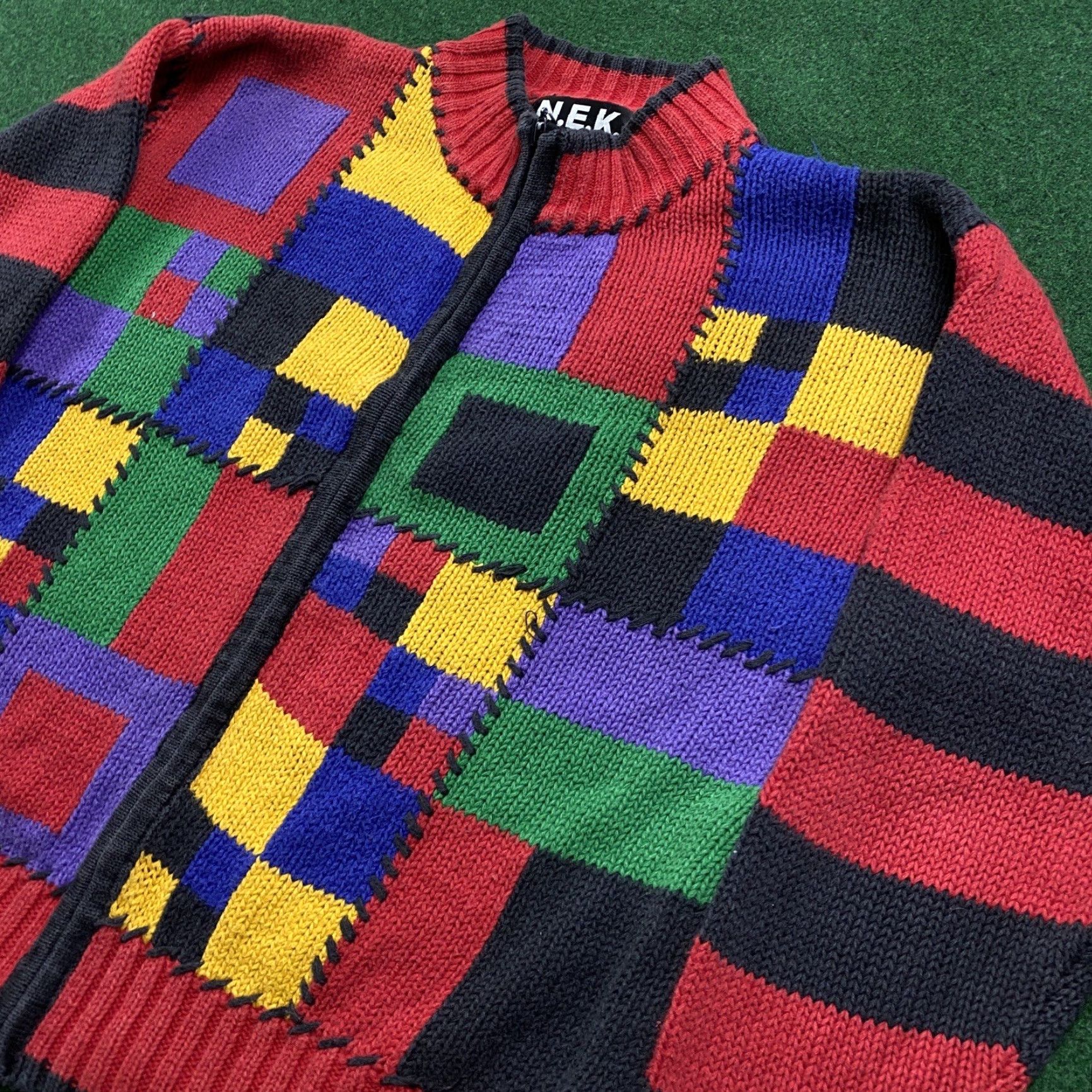 Vintage VINTAGE Striped Knit Sweatshirt Mens L Red Y2K Heavy Full Zip Sweater Cage? Size US L / EU 52-54 / 3 - 2 Thumbnail