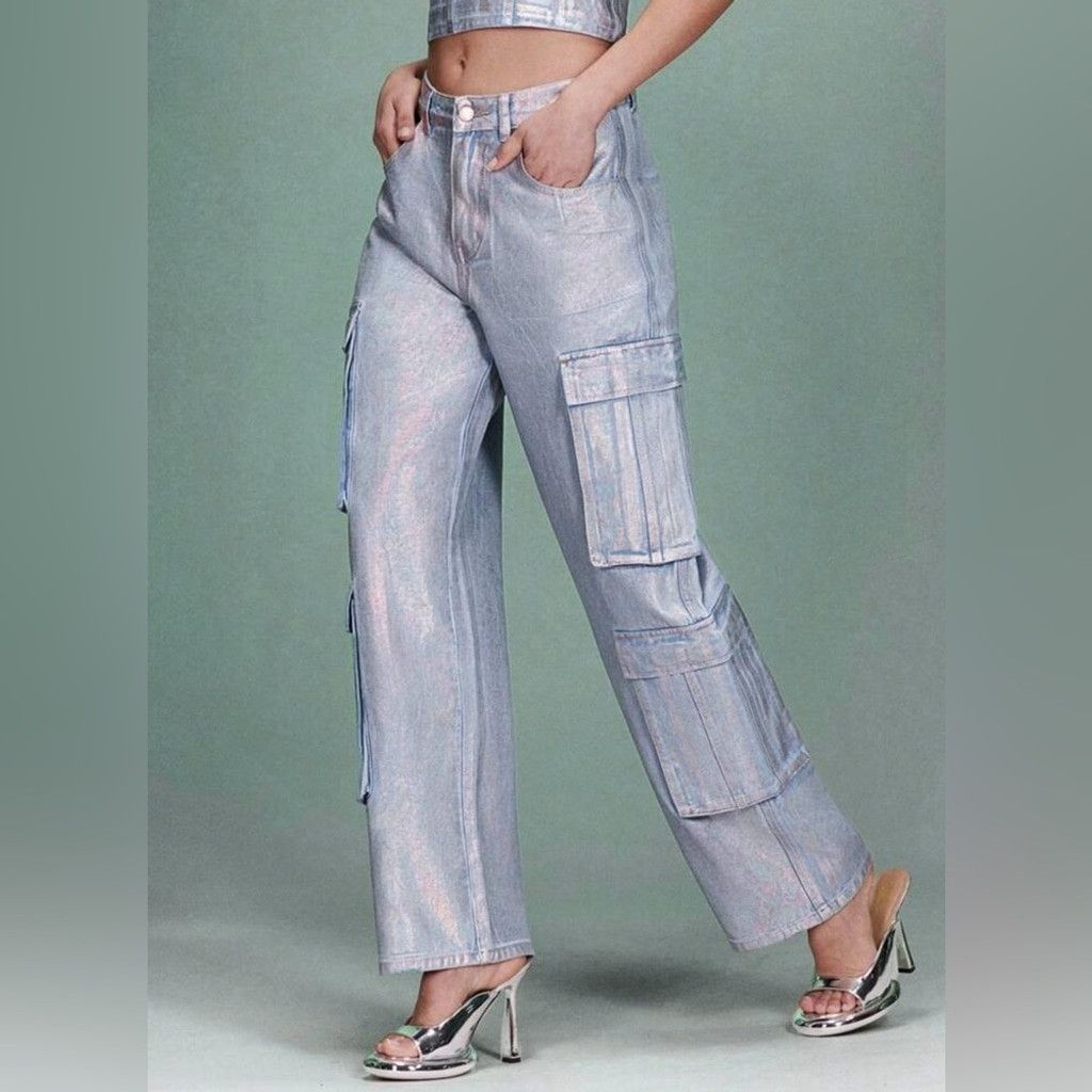 Other Metallic Cargo Pocket Women's Denim Wide Leg Pants Size 29 Size 29" - 8 Thumbnail
