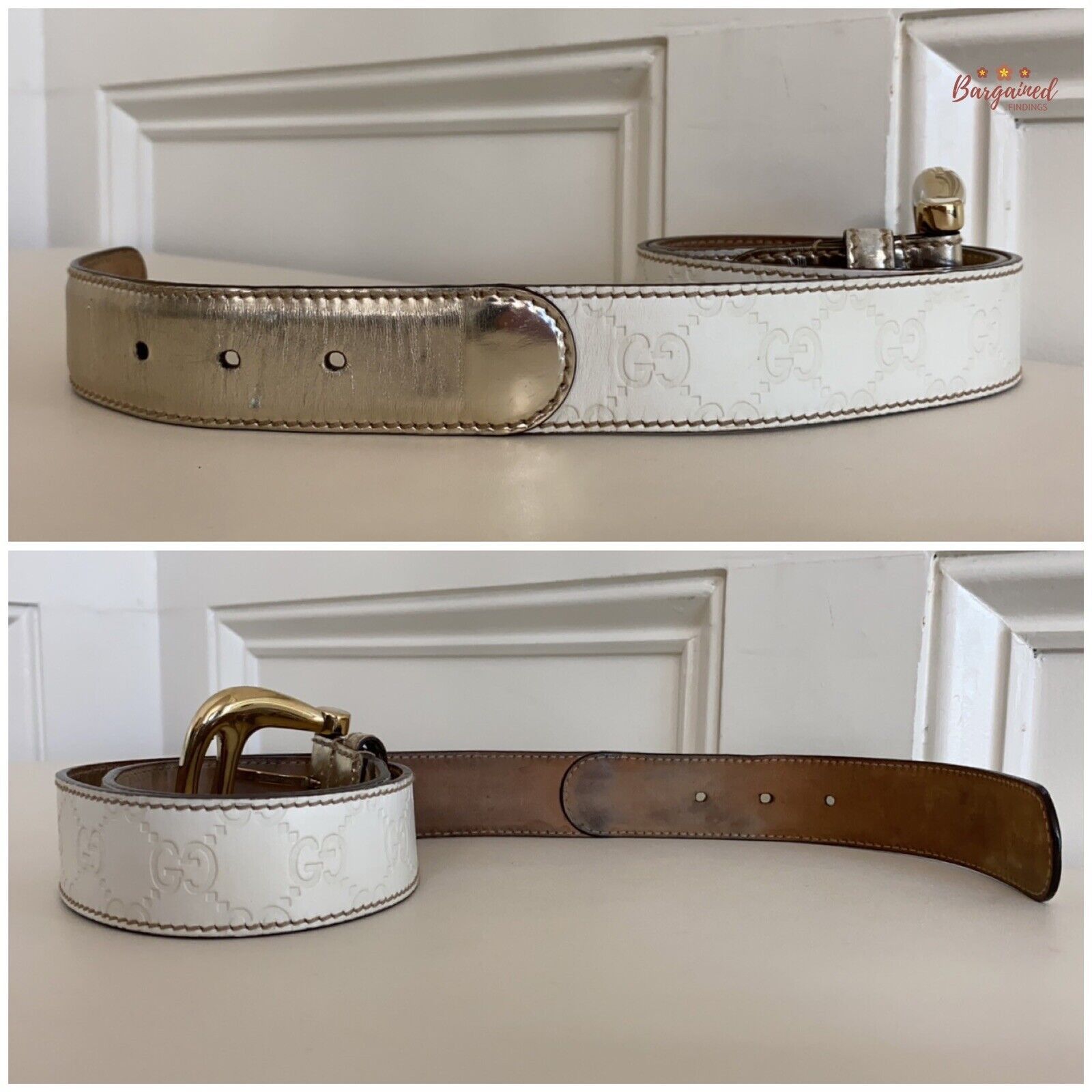 Gucci Gucci White GG Embossed Guccissima Leather Gold Buckle Belt Size 30 - 2 Thumbnail