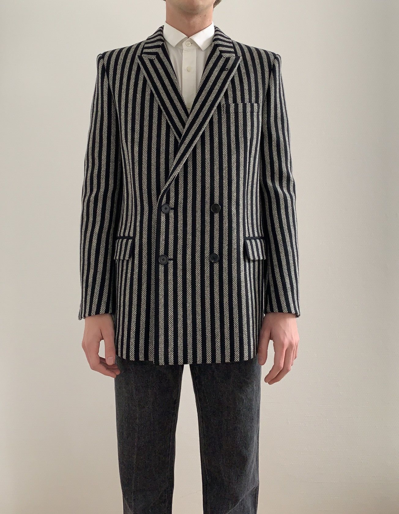 Hedi Slimane × Saint Laurent Paris FW2014 1/1 Sample Double Breasted Striped Wool Peacoat Size US M / EU 48-50 / 2 - 10 Thumbnail