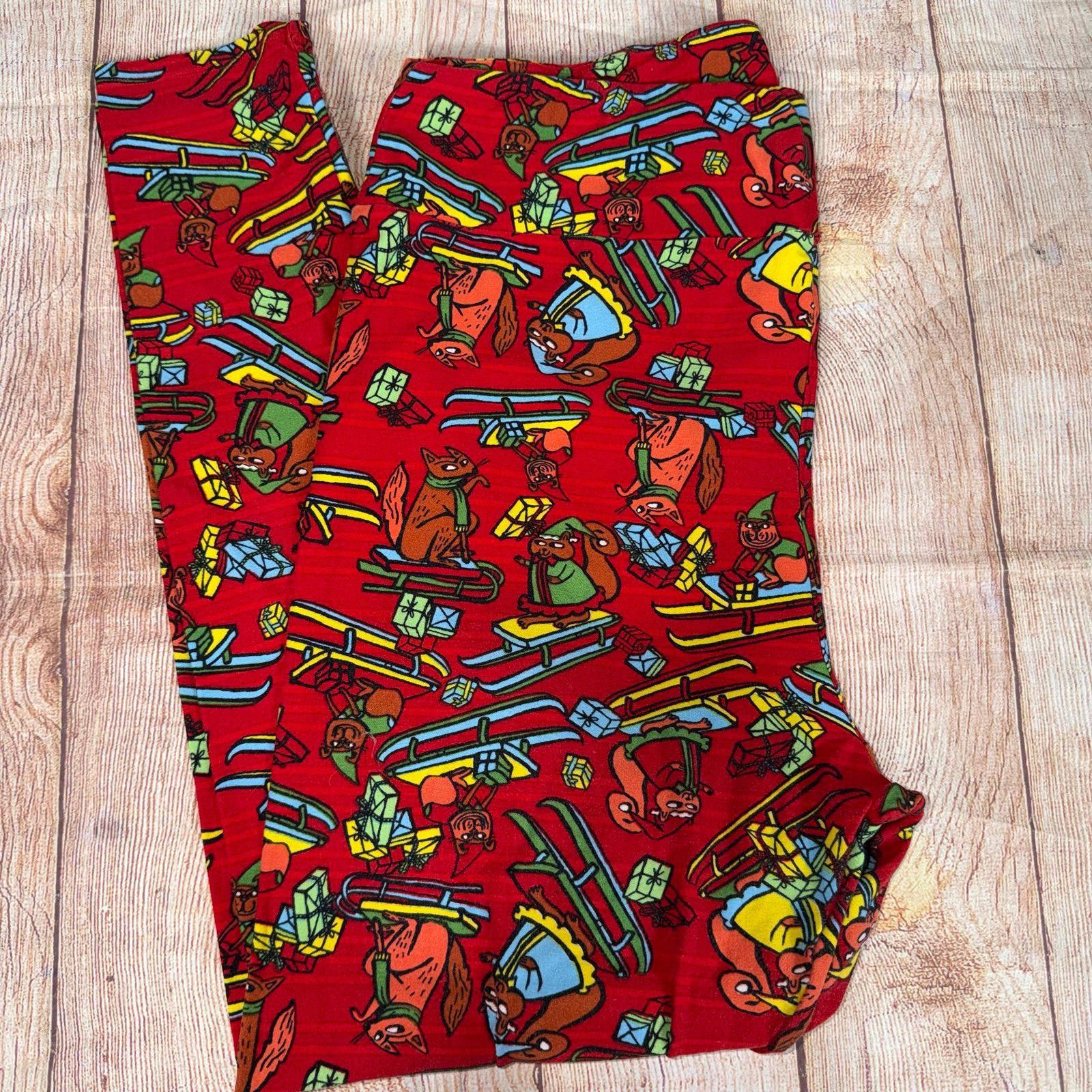 Other LuLaRoe TC2 Red Holiday Squirrel & Elf Print Leggings Size 42" / US 20 - 1 Thumbnail