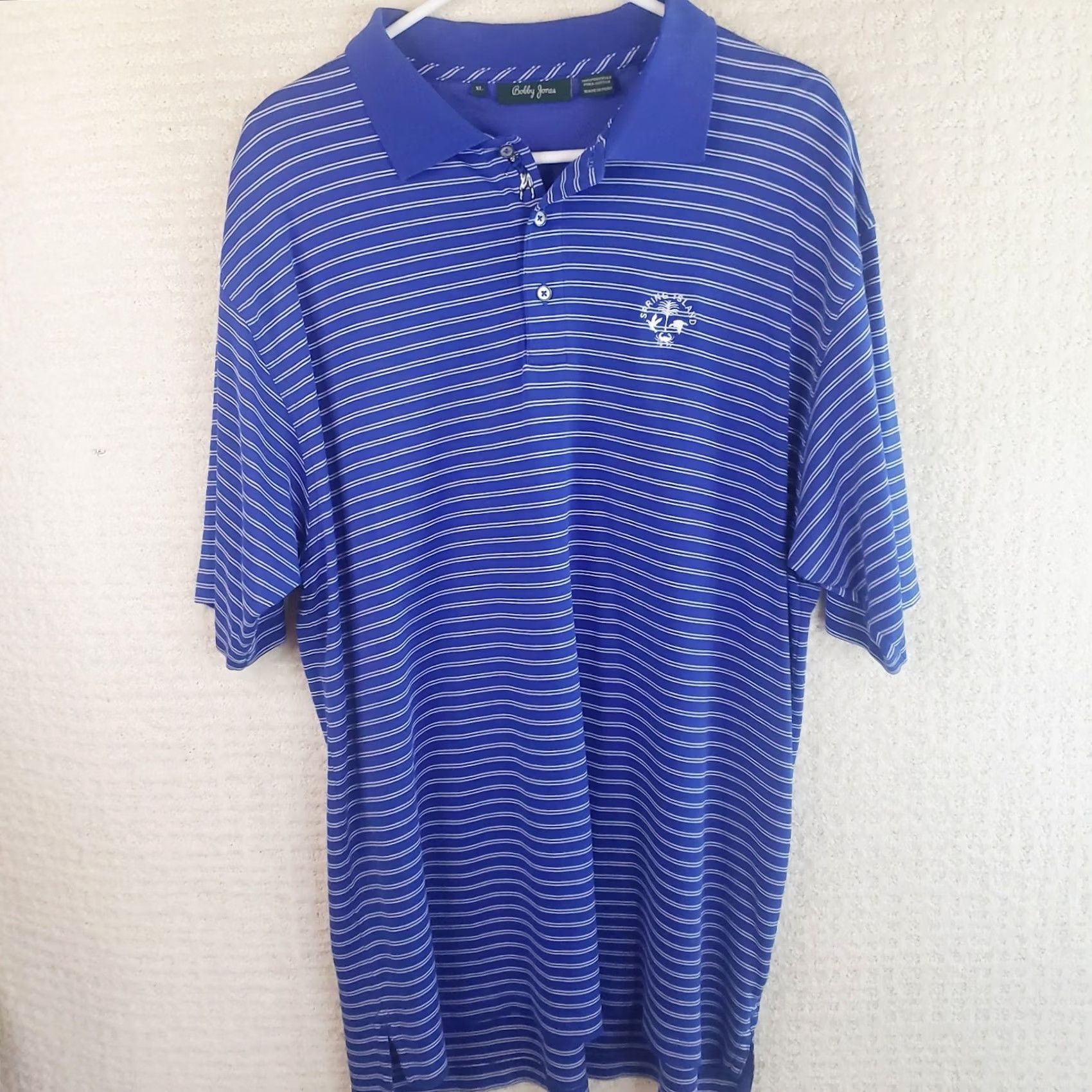 Vintage Bobby Jones Polo Shirt Men XL Blue Stripe Short Sleeve Button Collared Classic Breathable Easy Care Golf Spring Island SC Logo Size US XL / EU 56 / 4 - 2 Thumbnail