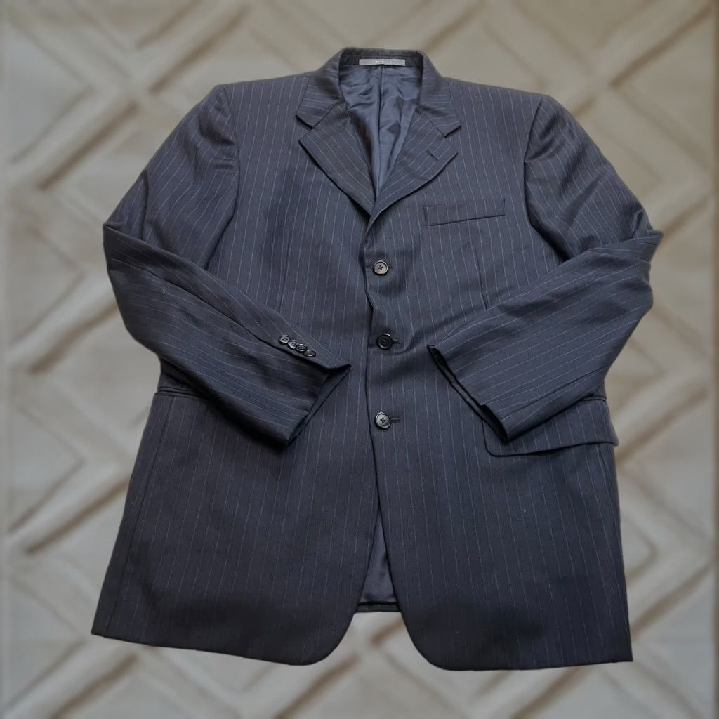 Vintage Hickey Freeman Barneys New York Suit Jacket Mens 42 Regular Nacy Blue Striped - Single-Breasted, Notch Lapel, 2 Piece, Wool Size 42R - 1 Thumbnail