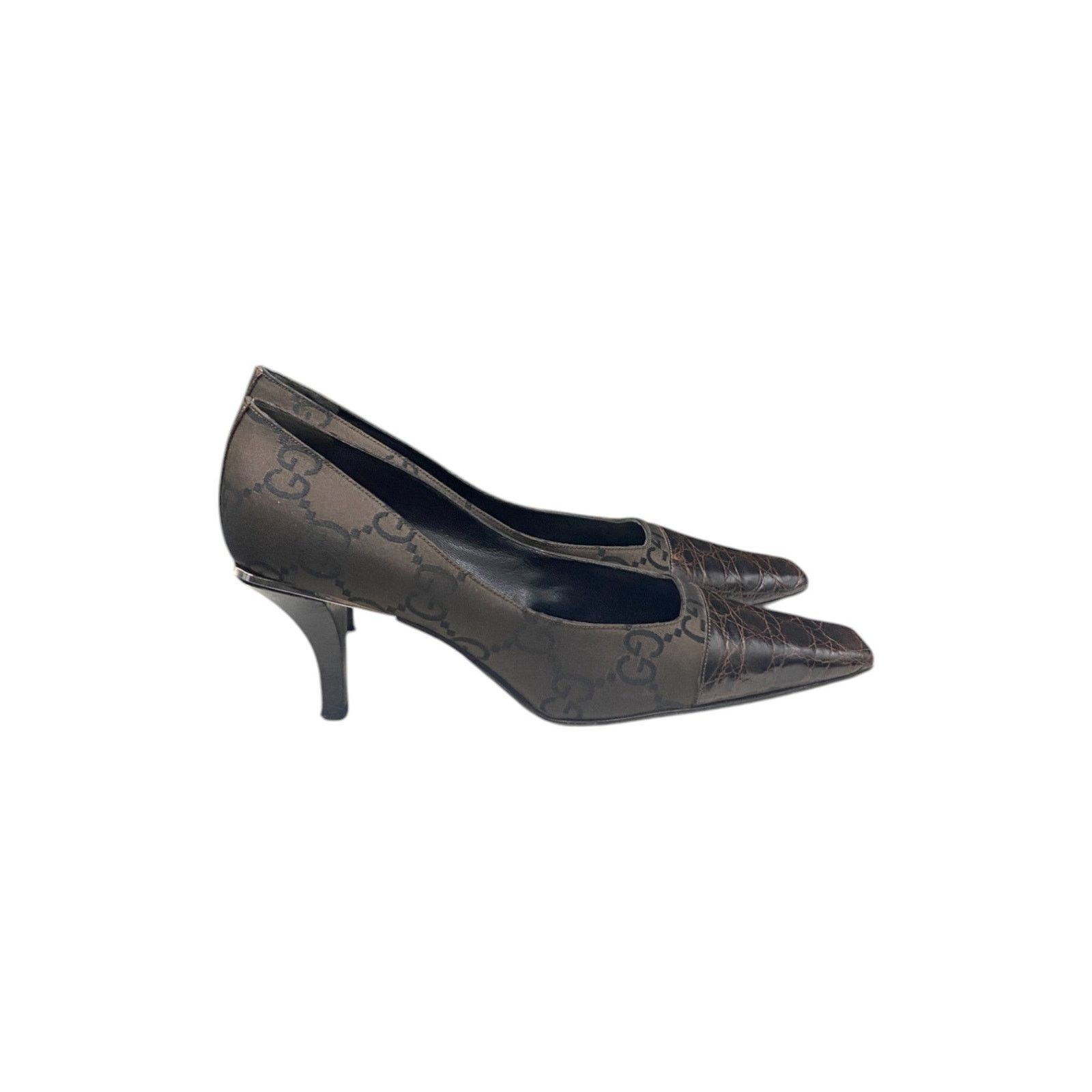Gucci Embossed Croc Leather Brown Heels Size US 5.5 / IT 35.5 - 5 Thumbnail