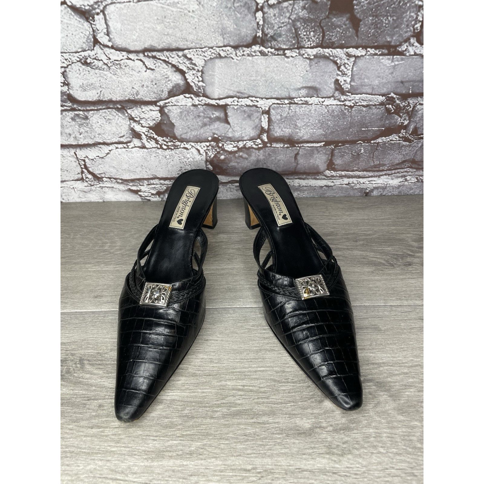 Brighton Brighton Black Leather Croc Embossed Mules Slides Sandals Wo Size US 9.5 / IT 39.5 - 6 Thumbnail
