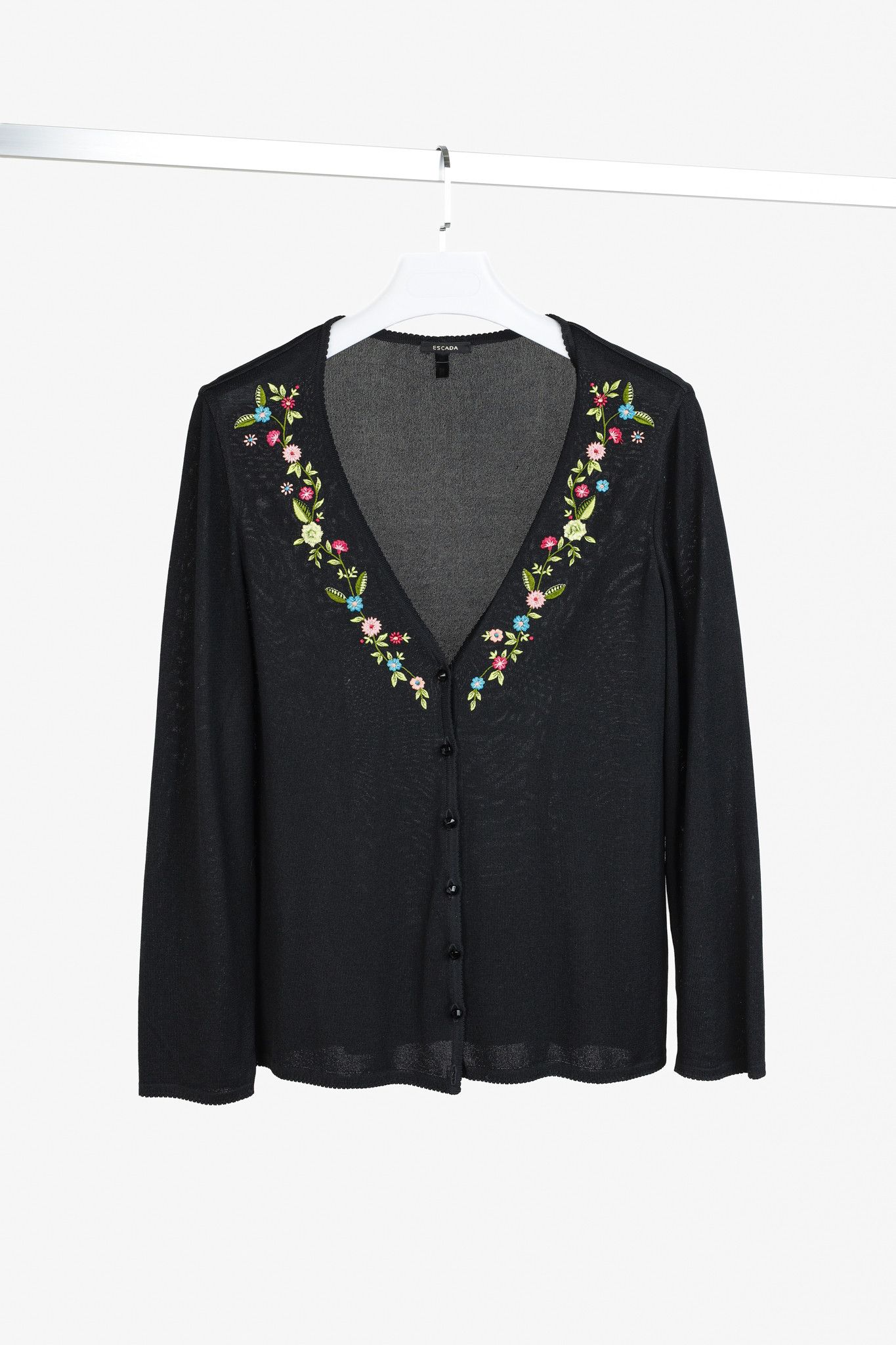 Escada Escada Black Floral Embroidered Deep V Cardigan Size S / US 4 / IT 40 - 1 Thumbnail