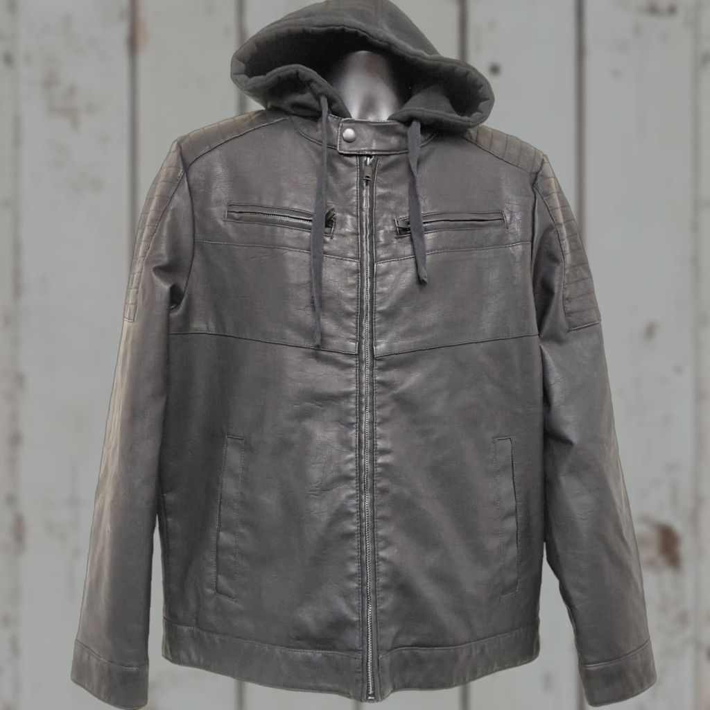 Apt. 9 Apt. 9 Men's Jacket Black Faux Leather Hooded Coat Pockets Zipper Short | Size L | Regular Fit | Motorcycle Style Size US L / EU 52-54 / 3 - 1 Thumbnail