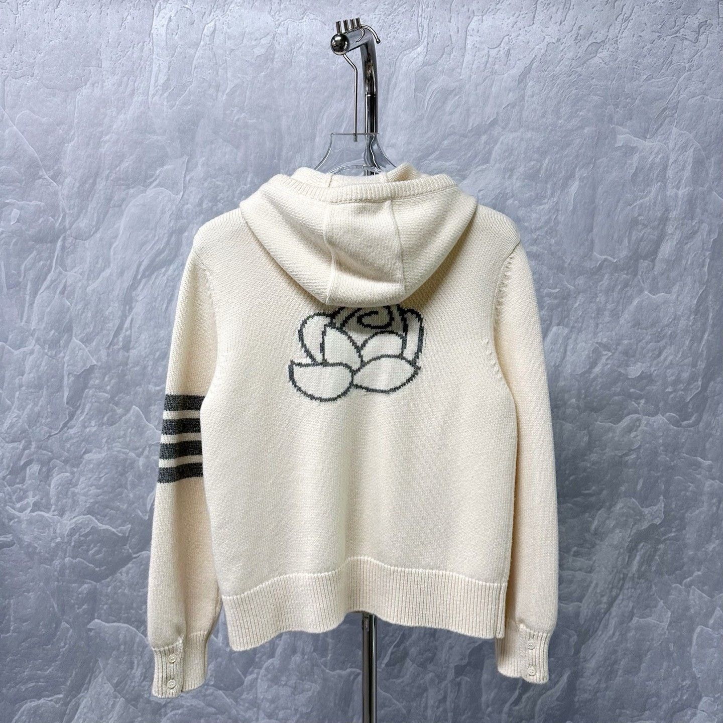 Thom Browne THOM Browne Stripe Floral Knit Wool Hooded Coat Size US XS / EU 42 / 0 - 5 Thumbnail