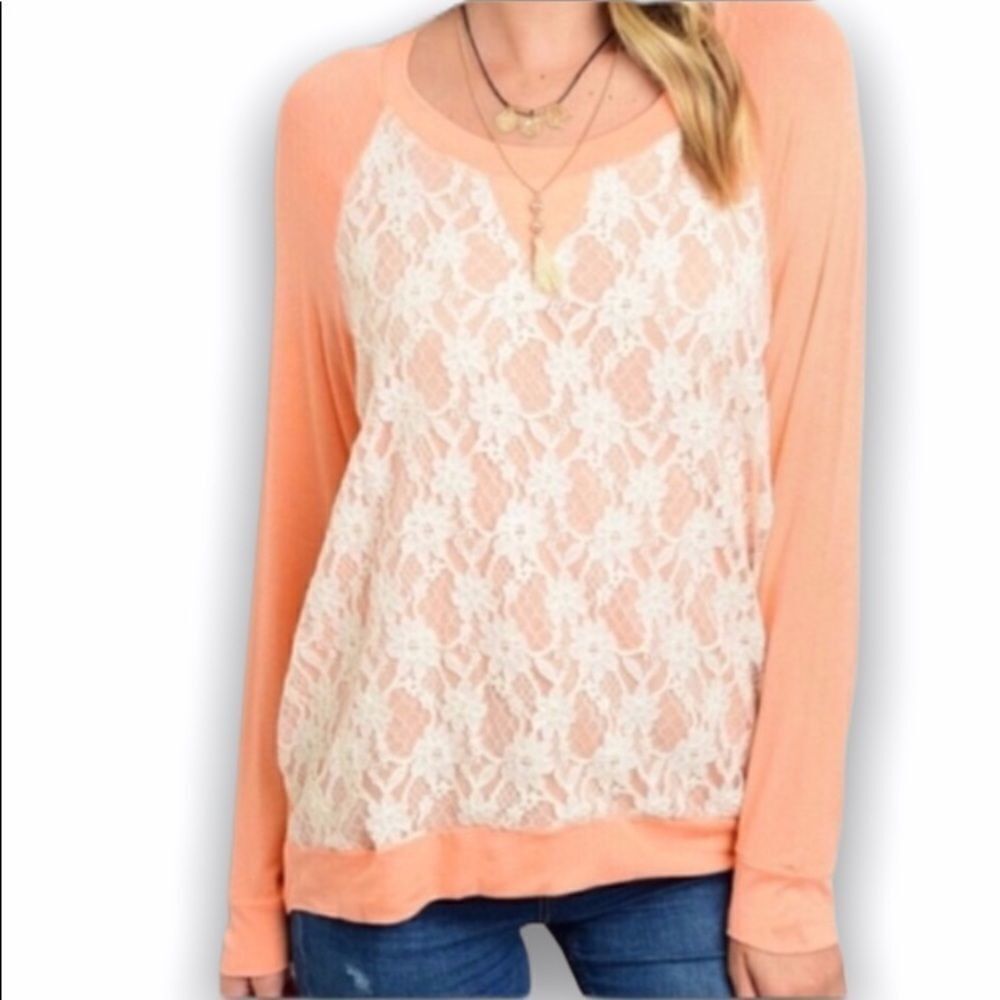 Other Potters Pot Coral Lace Front Lightweight Long Sleeve Top – S Size M / US 6-8 / IT 42-44 - 2 Thumbnail