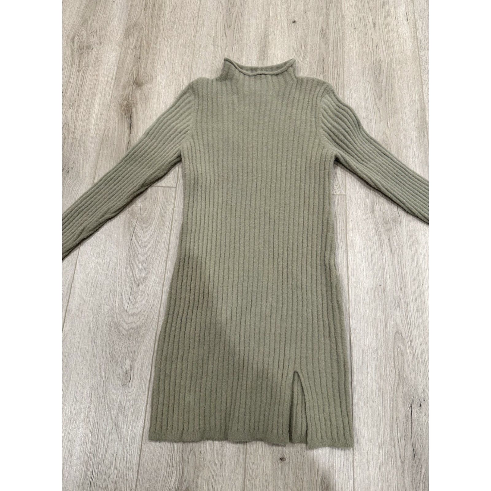Vintage NWT Wilfred Free Women's Mini Sweater Dress Hush Knit Station Beige Mock Neck Long Sleeve Pullover 99% Nylon 1% Elastane M/Medium Brand New with Tags Size M / US 6-8 / IT 42-44 - 3 Thumbnail