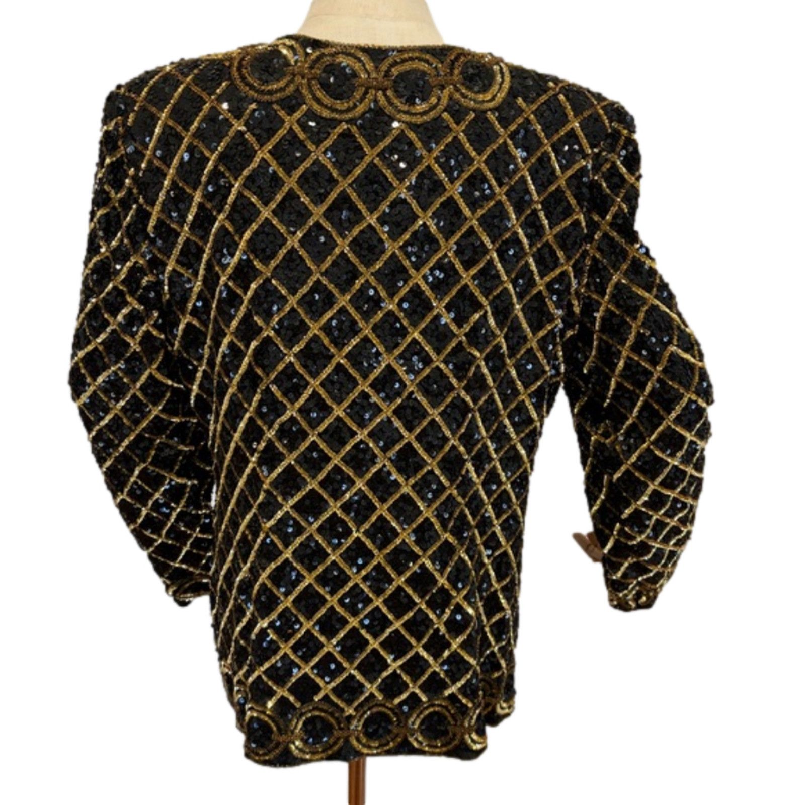 Designer VTG niteline silk SEQUIN beaded jacket gold black kazar Size L / US 10 / IT 46 - 2 Thumbnail