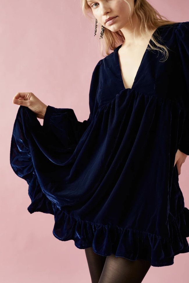 Free People Free People Estella Velvet Flounce Dress Oceana Blue ( L ) Size L / US 10 / IT 46 - 1 Thumbnail