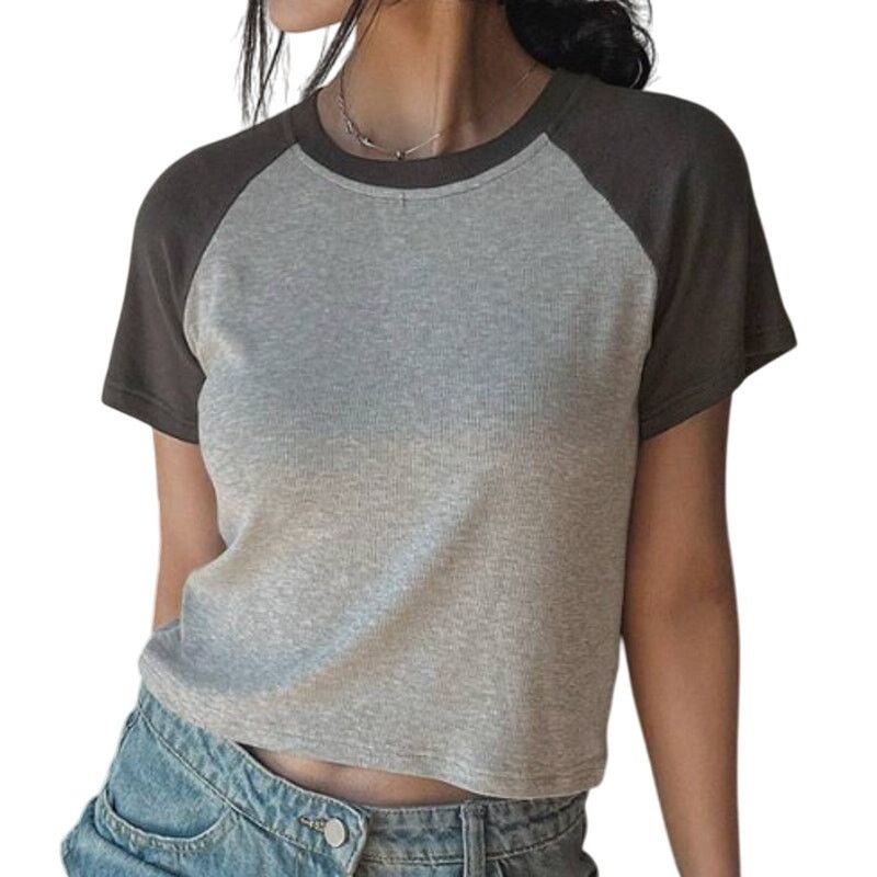 Shein Color Block Short Sleeve Cropped T-Shirt in Gray, Size S Size S / US 4 / IT 40 - 1 Preview