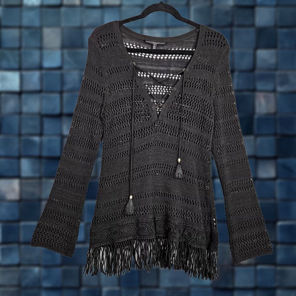 White House Black Market White House Black Market Women's Fringe Hem Lace Up Sweater Sz S Shirt Womens Regular Black Knit Pullover All Seasons Modern Vintage: No Size S / US 4 / IT 40 - 1 Thumbnail