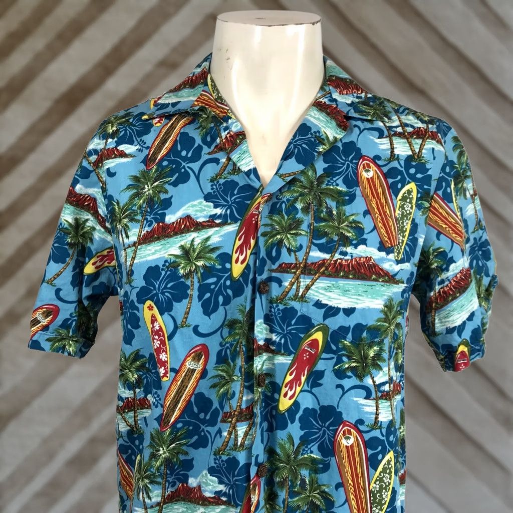 Vintage RJC Hawaiian Surfboard Palm Tree Print Button Up Shirt Men's M Blue Size US M / EU 48-50 / 2 - 1 Thumbnail