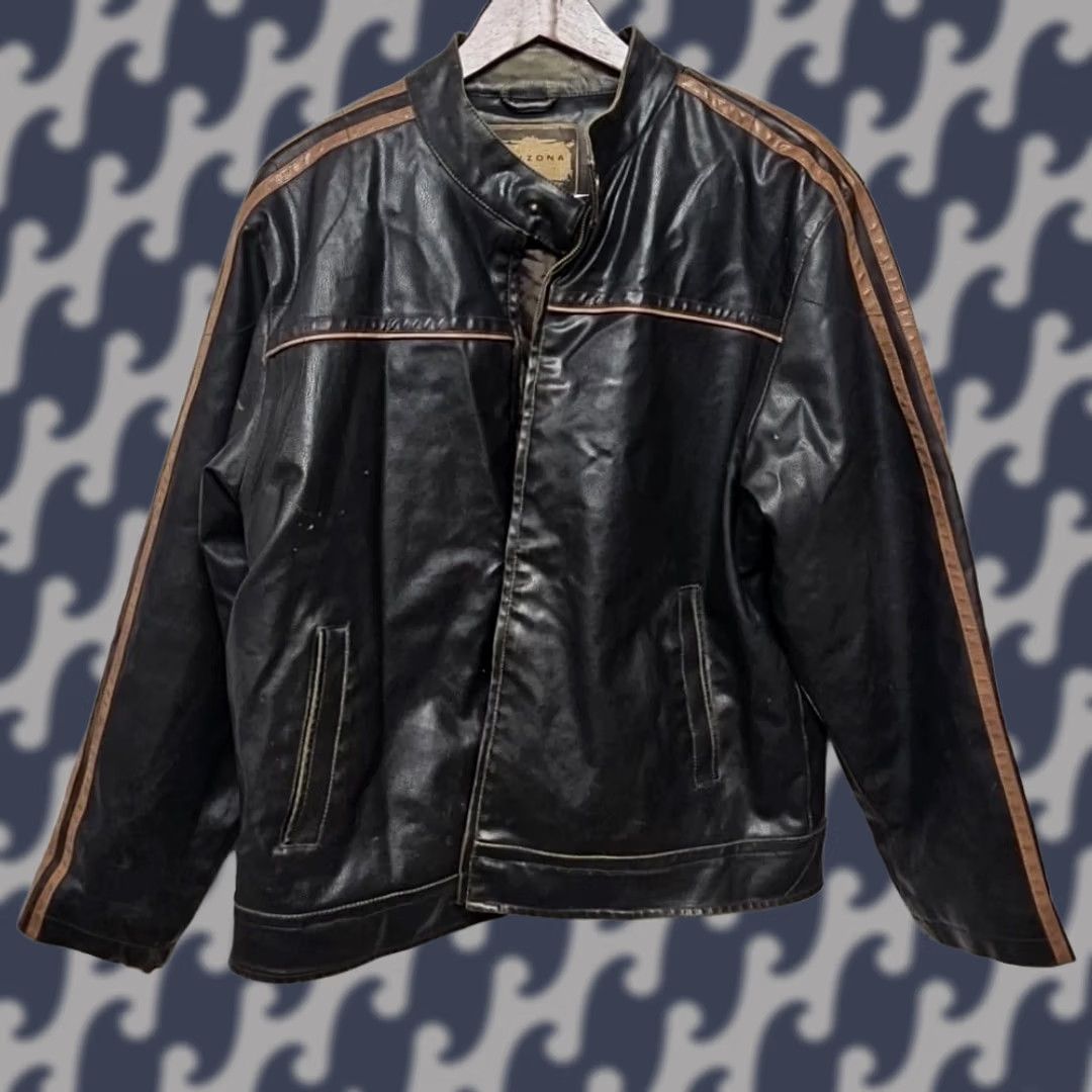 Vintage Arizona Jean Co Men’s Leather Jacket Motorcycle Jacket Striped Brown Leather Zip Pockets Size L Size US 33 - 1 Thumbnail
