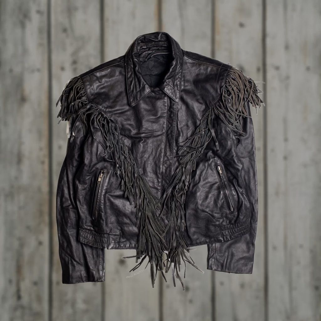 Vintage VINTAGE Black Leather Motorcycle Jacket Large Fringe Western Biker Coat Size US L / EU 52-54 / 3 - 1 Thumbnail