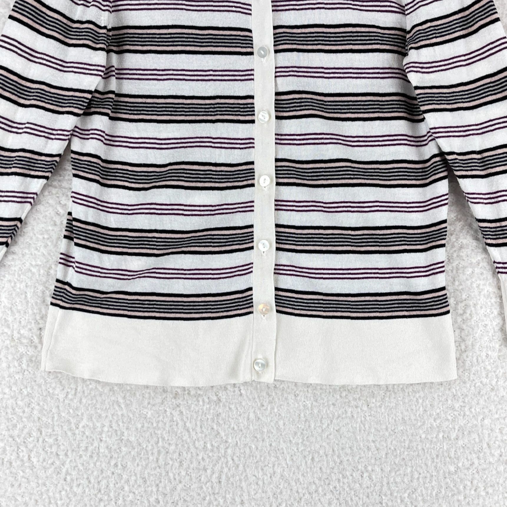 Ann Taylor Ann Taylor Cardigan Shirt Womens Large White Striped Knit Crew Neck Long Sleeve Size L / US 10 / IT 46 - 7 Thumbnail