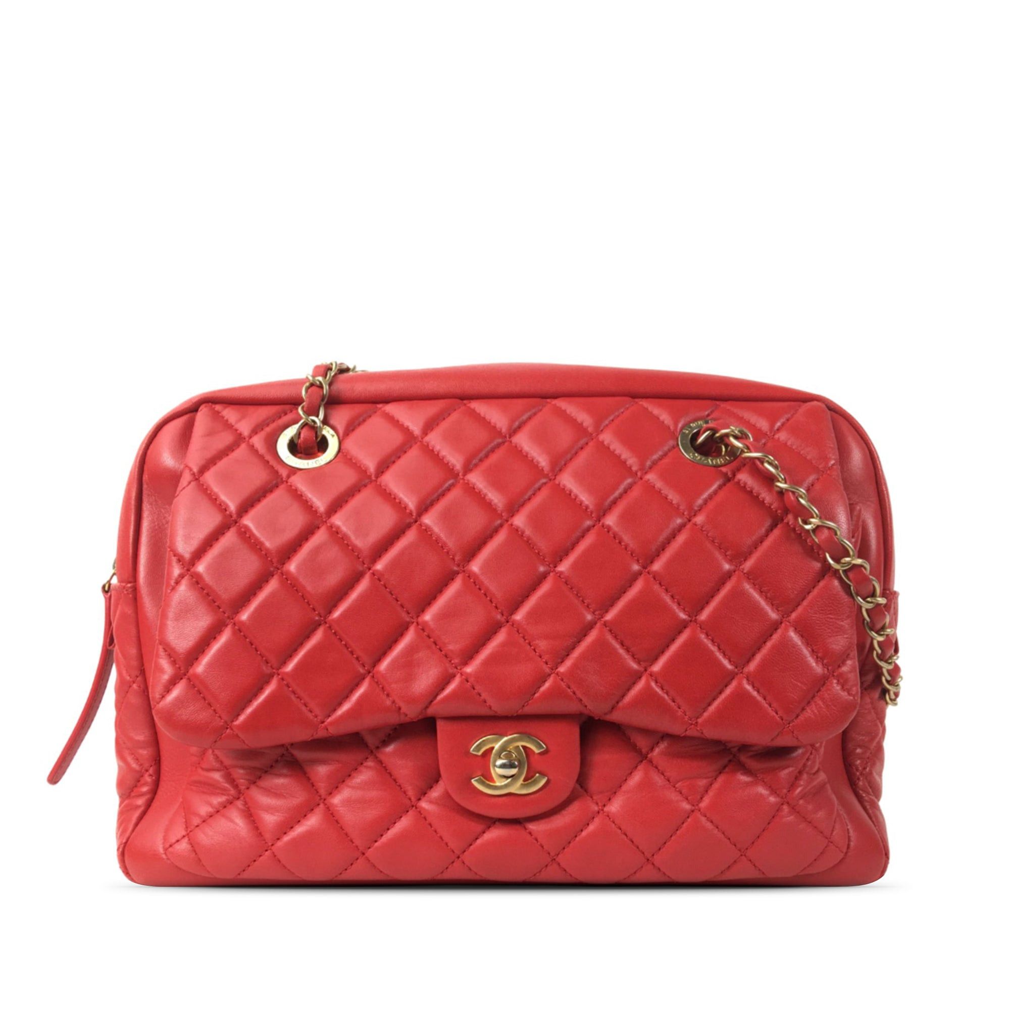image of Chanel Lambskin Cc Camera Flap Shoulder Bag in Red, Women's