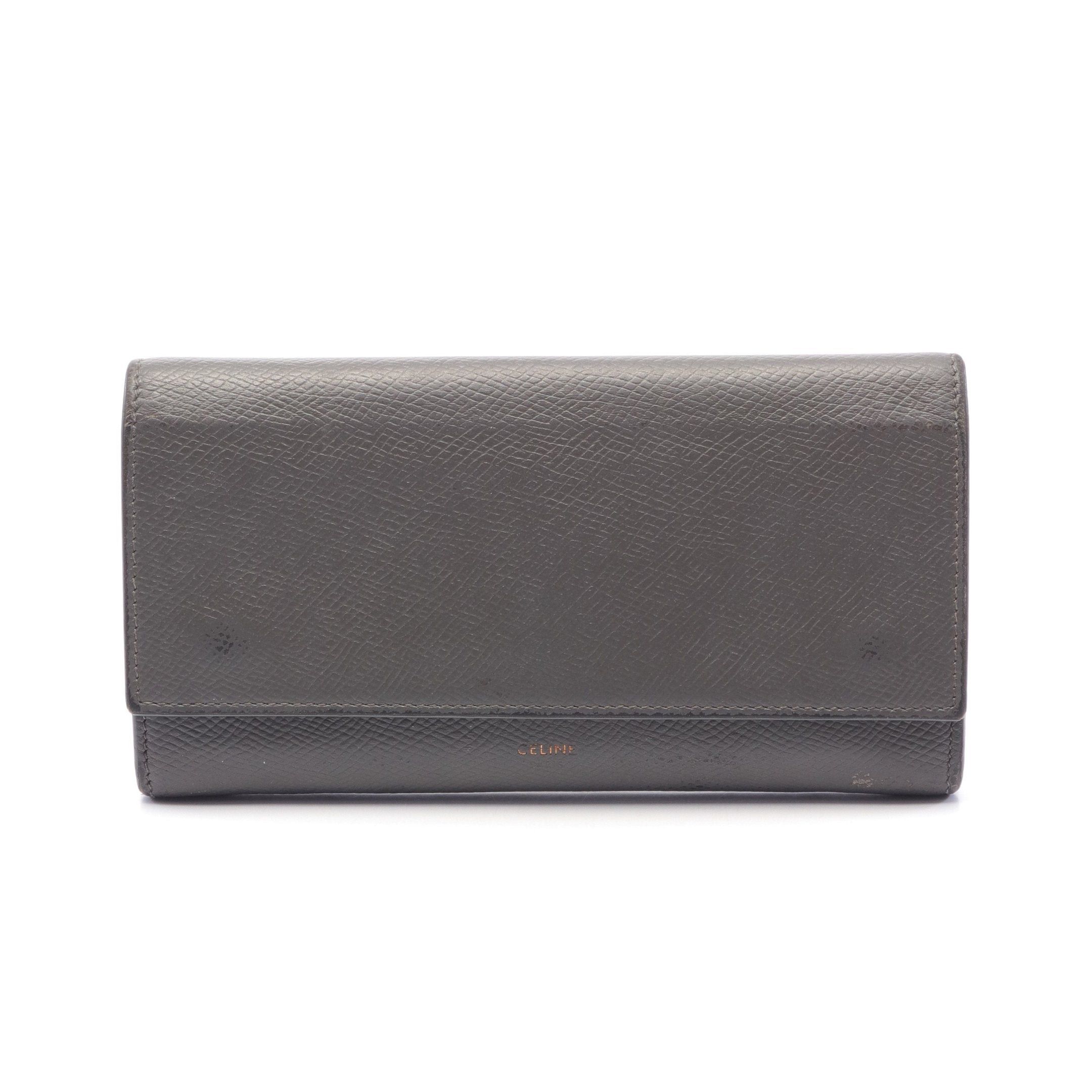 image of Celine Large Flap Wallet Bi-Fold Long Wallet Leather Gray in Grey, Women's