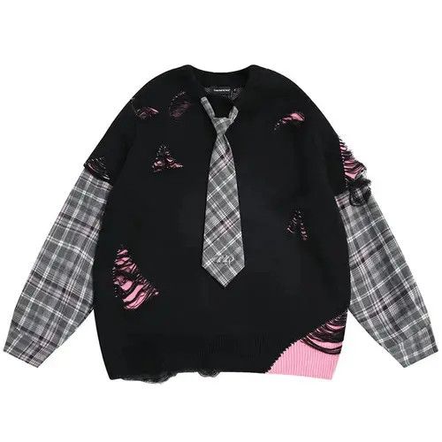 Japanese Brand × Vintage Preppy Style Sweater Plaid Sleeve Ripped Size ONE SIZE - 1 Thumbnail