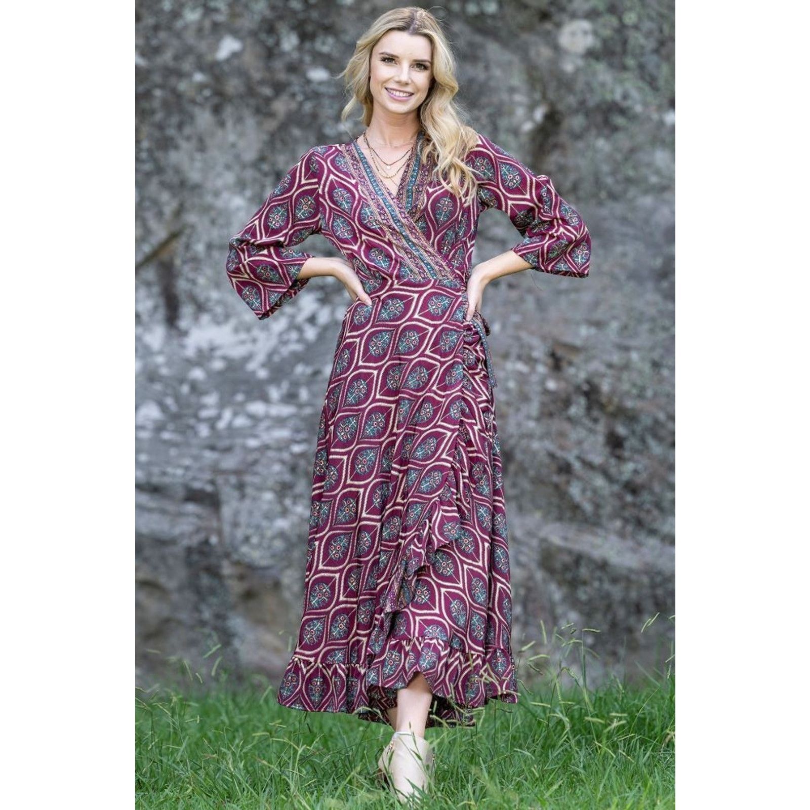 Other Cienna NOEL Wrap Wine With Gold Leaf Print Ruffle Beautiful Size S / US 4 / IT 40 - 2 Thumbnail
