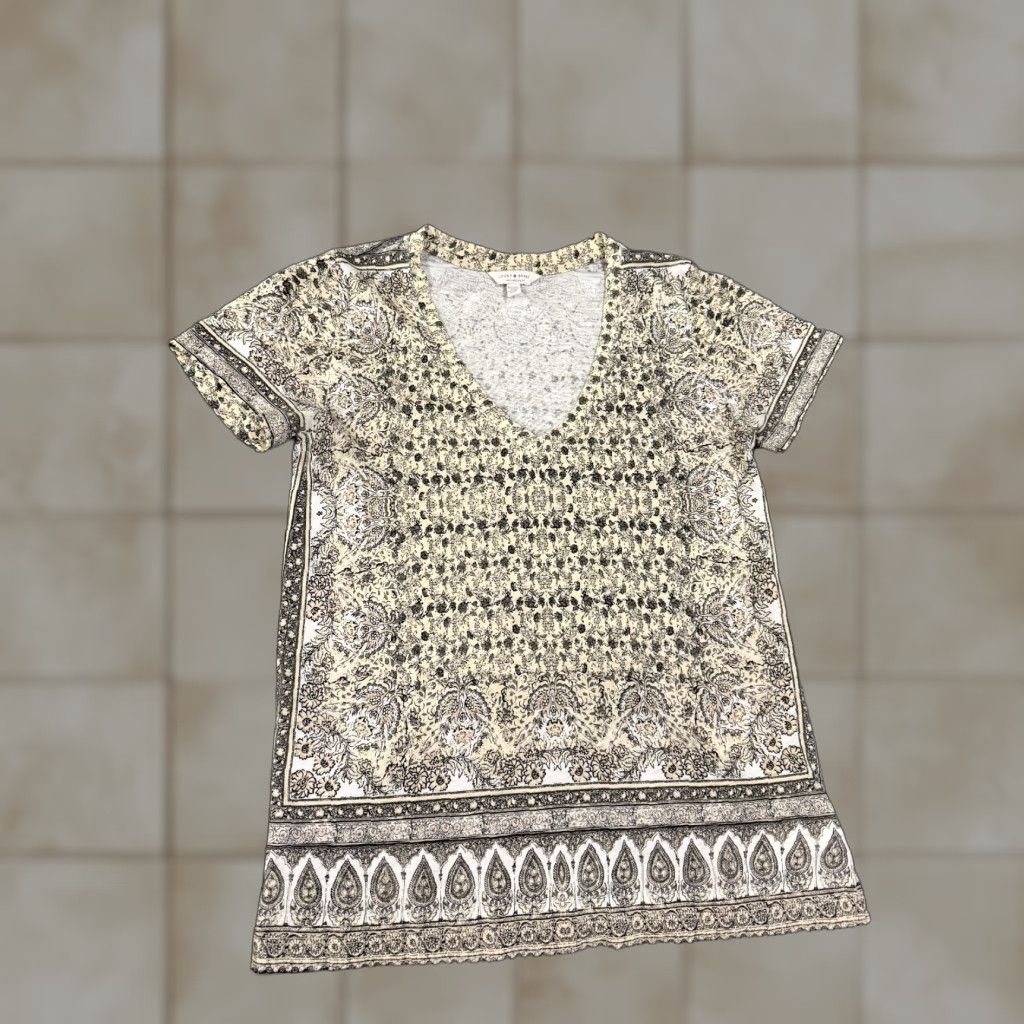 Lucky Brand Lucky Brand Blouse Shirt Womens XS Beige Black Floral Paisley Short Sleeve Boho Tunic V-Neck Lightweight Casual Regular Cotton Modal Rayon Modern Size XS / US 0-2 / IT 36-38 - 1 Thumbnail