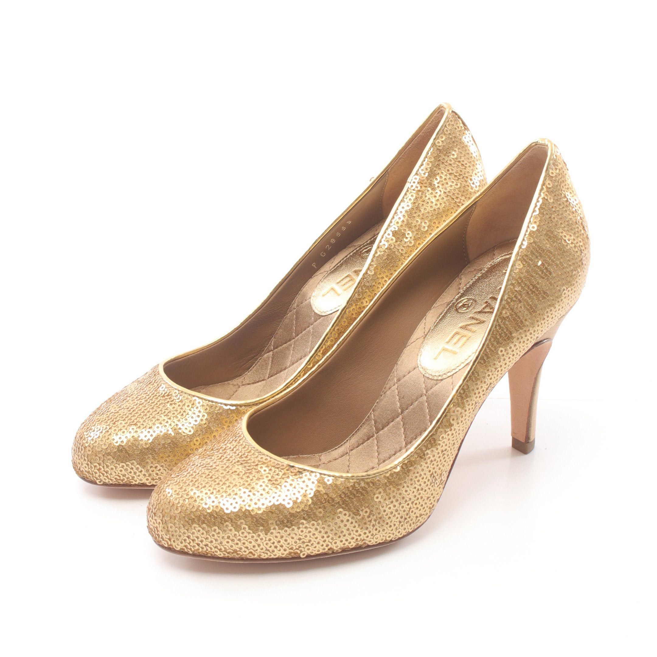 Chanel Chanel Coco Mark Pumps Leather Gold Sequin Size ONE SIZE - 1 Thumbnail