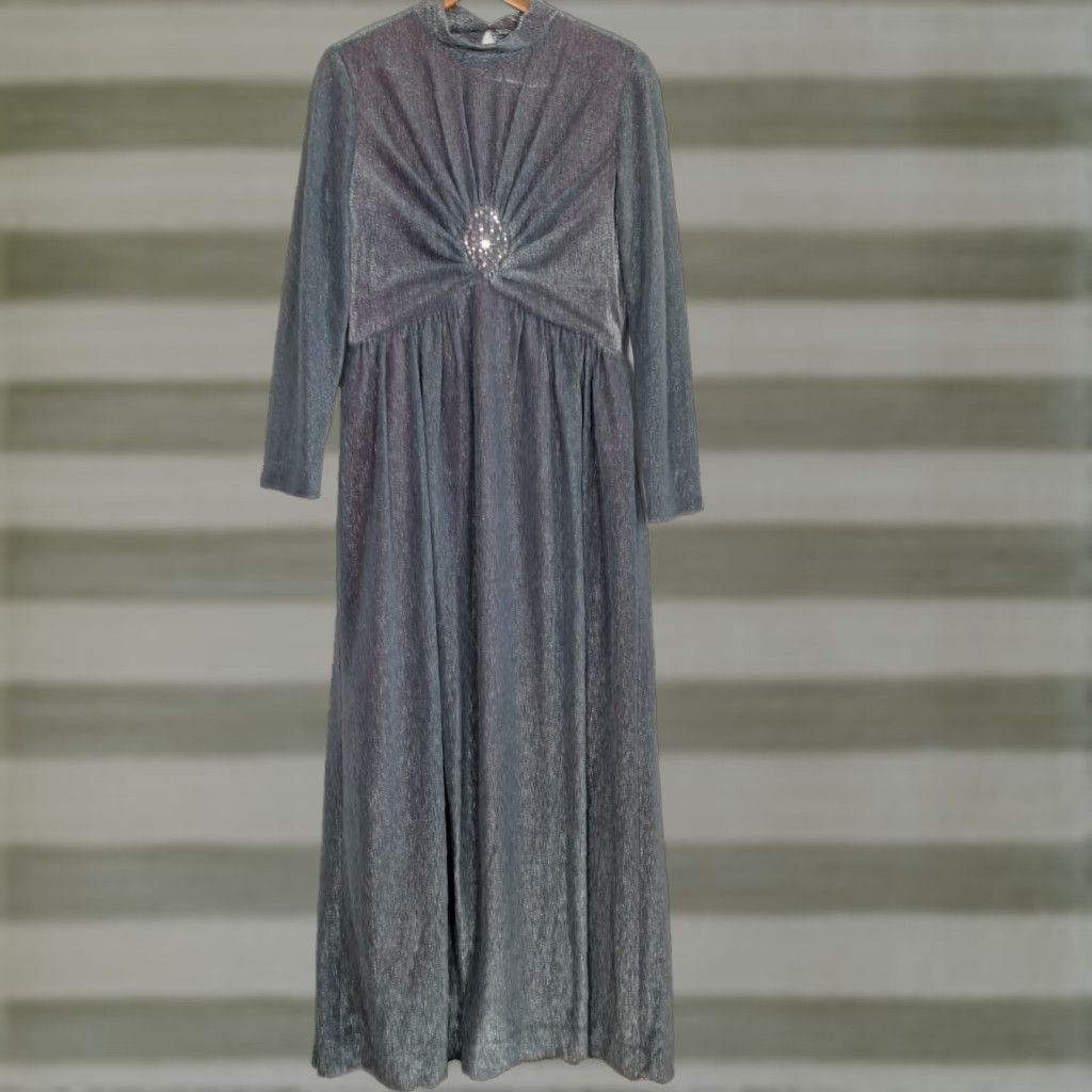 Vintage VINTAGE Evening Gown Maxi 59" Long Silver Metallic 1970s Size 16 Womens Party Event Beaded Rhinestones Size XXL / US 16-18 / IT 52-54 - 1 Thumbnail