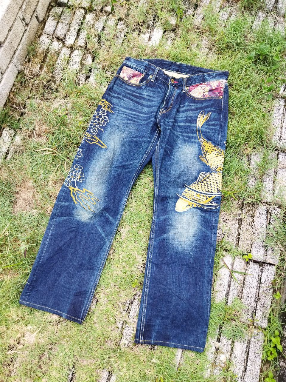 image of Eternal Japan Sukajan Embroidery Fish Jeans in Blue Denim, Men's (Size 34)
