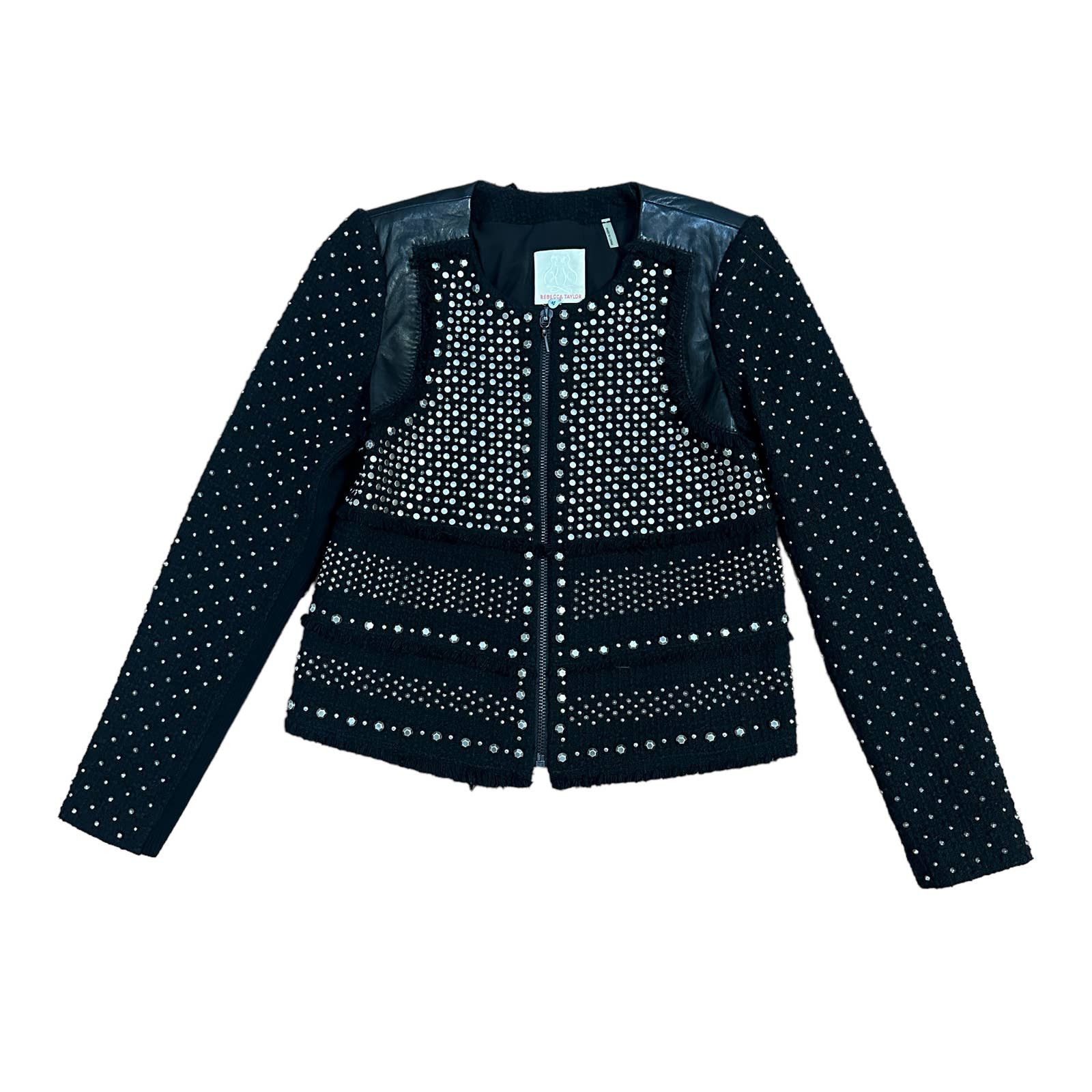 image of Rebecca Taylor Studded Short Tweed Jacket in Black, Women's (Size Small)