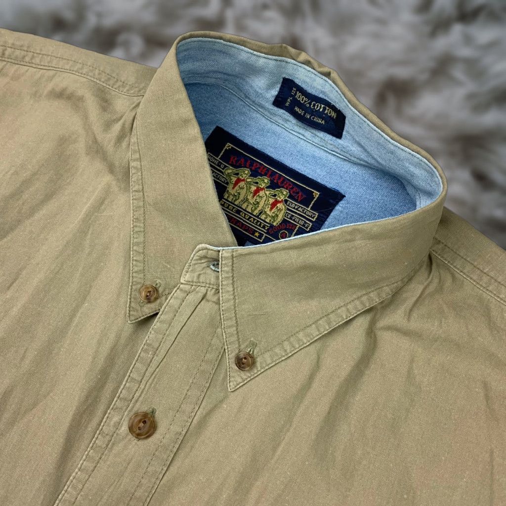 VINTAGE Chaps Ralph Lauren Men's Button-Up Shirt Khaki Tan 100% Cotton Size 16.5 34-35 Long Sleeve Button-Down Collar Womens/Mens