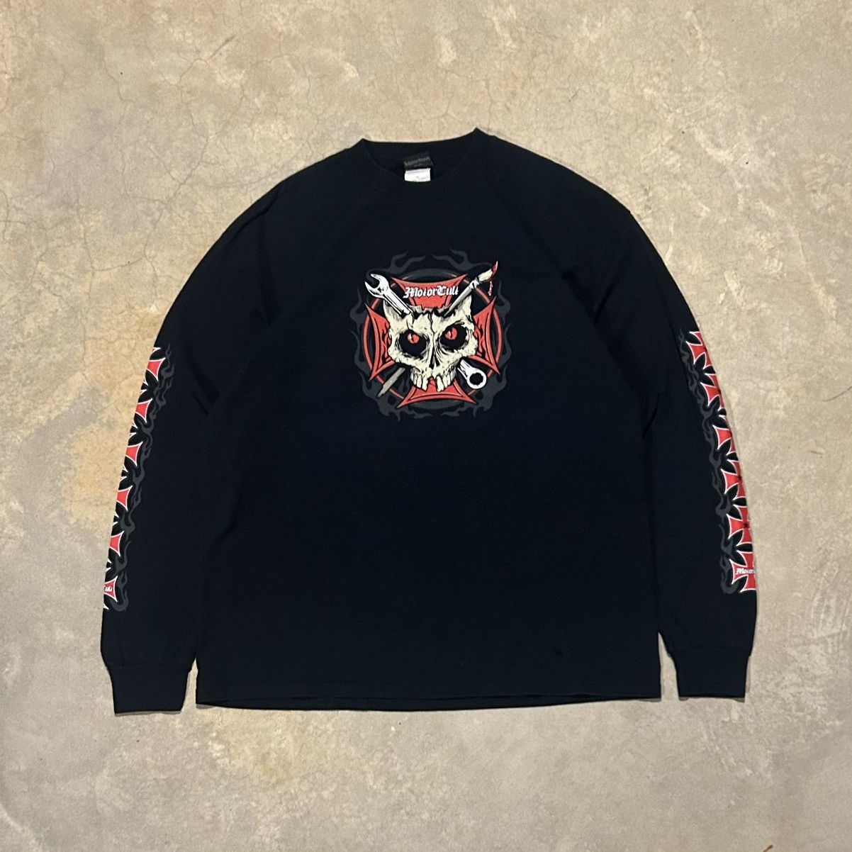 Harley Davidson × Vintage Crazy Vintage Y2K Motorcult Flame Sleeve Cross Skull Tee Size US XL / EU 56 / 4 - 1 Thumbnail