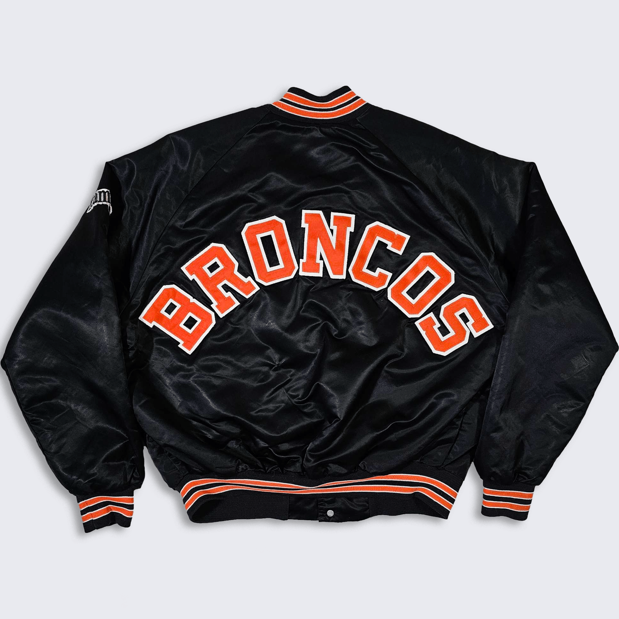 image of Denver Broncos Vintage 80's Chalk Line Satin Bomber Jacket in Black Orange, Men's (Size XL)