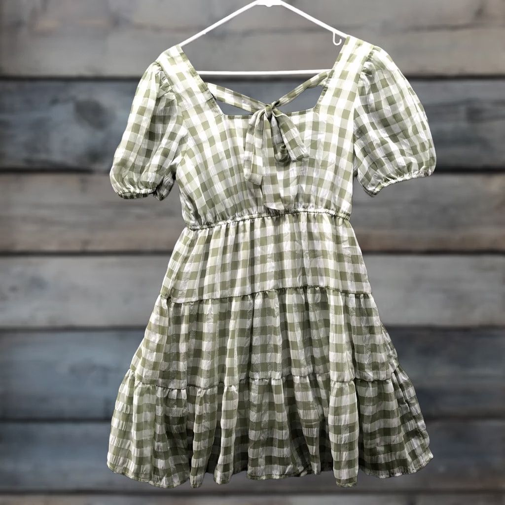 Vintage Mine Square Neck Chiffon Mini Dress M Sage Green Gingham Puff Sleeve Tiered Women Short Sleeve Spring Summer Casual Formal Party/Cocktail | MINE Dress Size M / US 6-8 / IT 42-44 - 1 Thumbnail