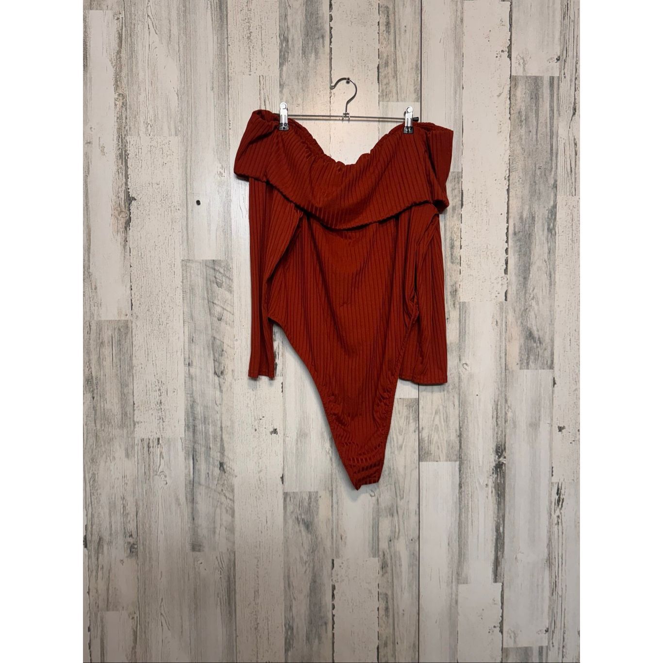 Boohoo Boohoo Ribbed Off Shoulder Long Sleeve Bodysuit Rust Orange Size XXL / US 16-18 / IT 52-54 - 2 Thumbnail