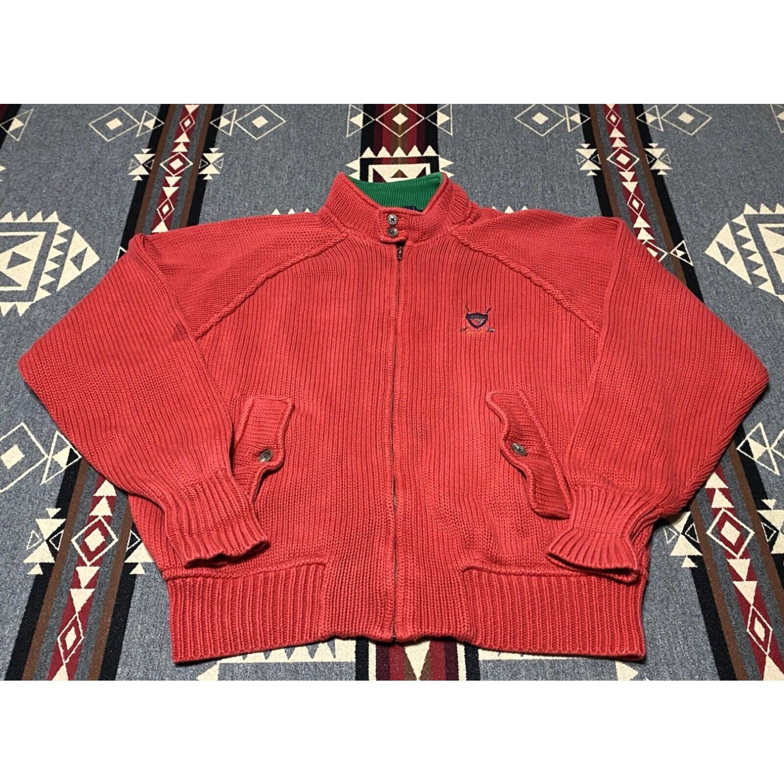 image of VTG Polo Ralph Laurent Thick Cable Knit Zip Cardigan Golf Cotton Size L Red T40 in White, Men's
