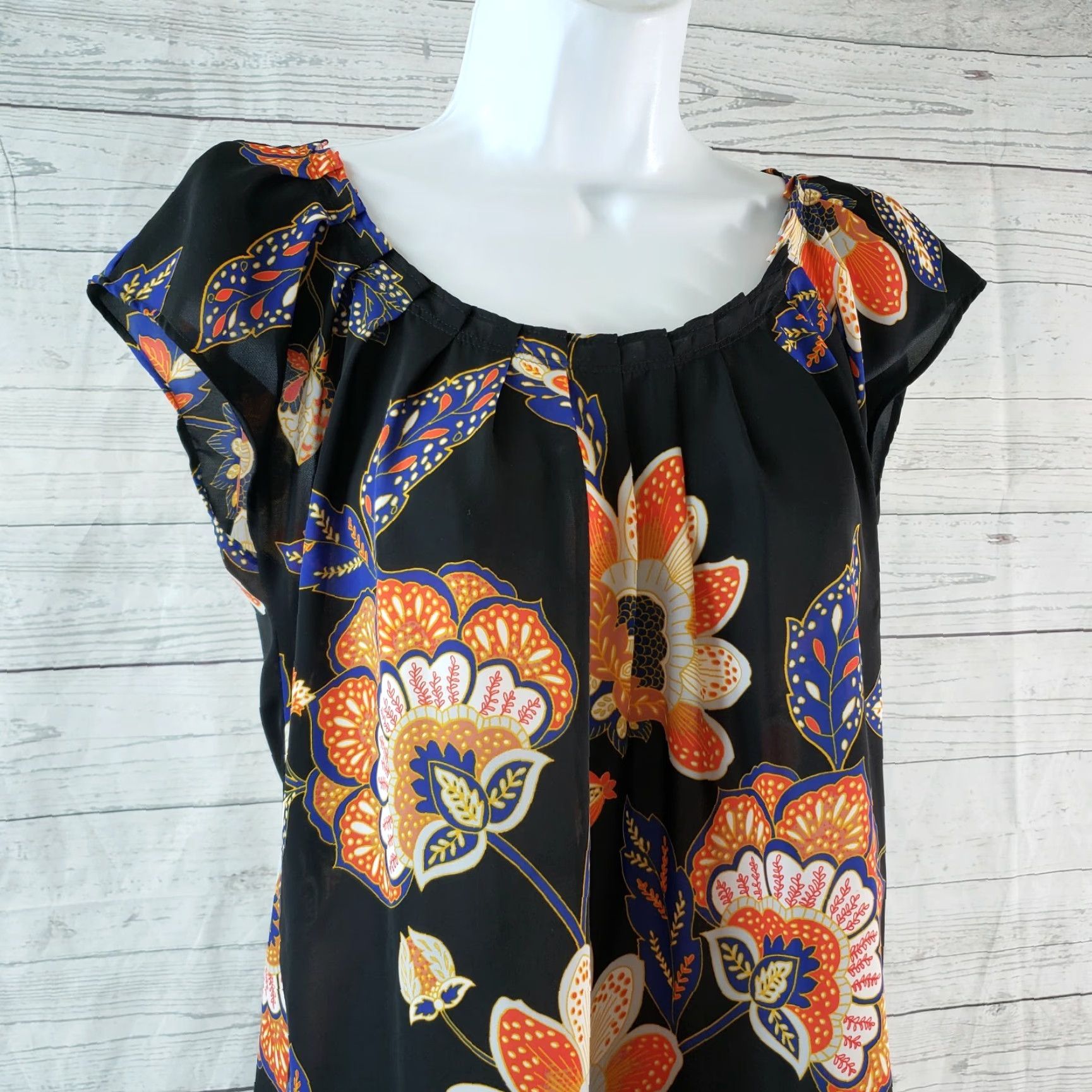 Vintage LC Lauren Conrad Blouse Womens Sz XS Black Orange Floral Pleated Size XS / US 0-2 / IT 36-38 - 2 Thumbnail