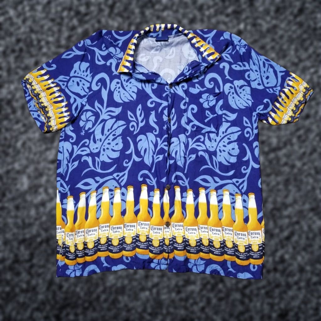 Vintage VINTAGE Corona Extra Button-Up Shirt Hawaiian Short Sleeve Rayón XXL Blue Mens 2XL Distressed 90s Concert Theme Size US XXL / EU 58 / 5 - 1 Thumbnail