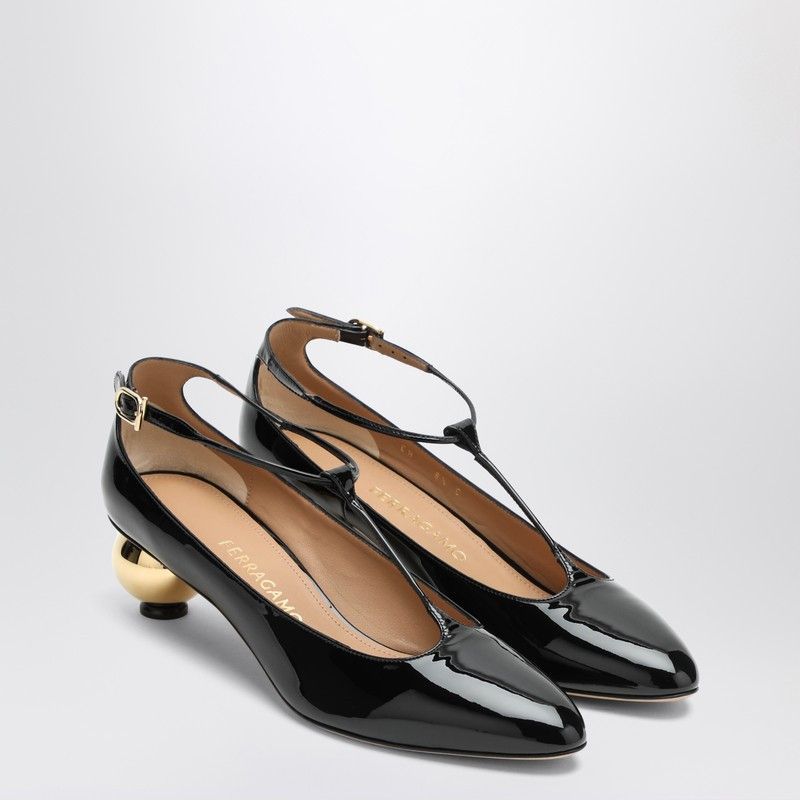 Salvatore Ferragamo Ferragamo Black Patent T-Strap Décolleté Size US 8.5 / IT 38.5 - 1 Thumbnail