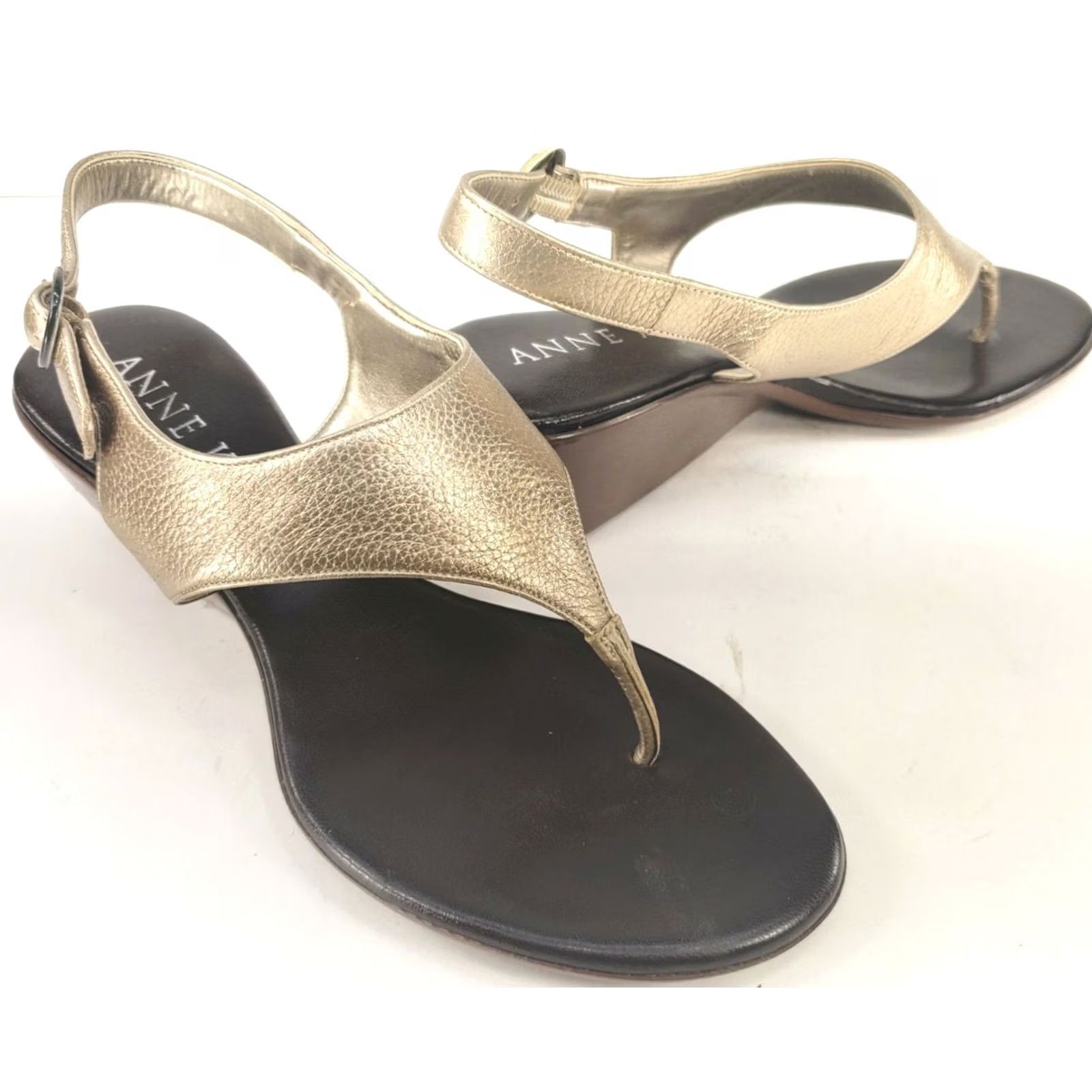 Anne Klein Anne Klein Womens Sandal Slingback Thong Wedge Heeled Gold 7.5M Slip On Casual Comfort Embroidered Eyelet Logo Leather Synthetic Upper PU Outsole Size US 8 / IT 38 - 2 Thumbnail